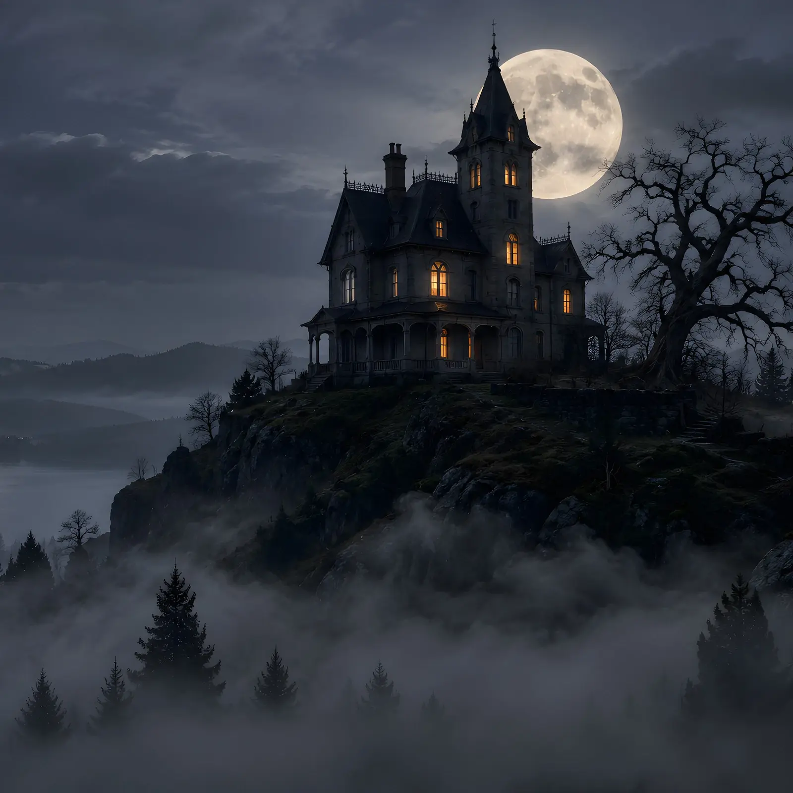Foggy Haunted House at Dusk Stock Images - 5 Digitally Created High-Res JPG Photos preview