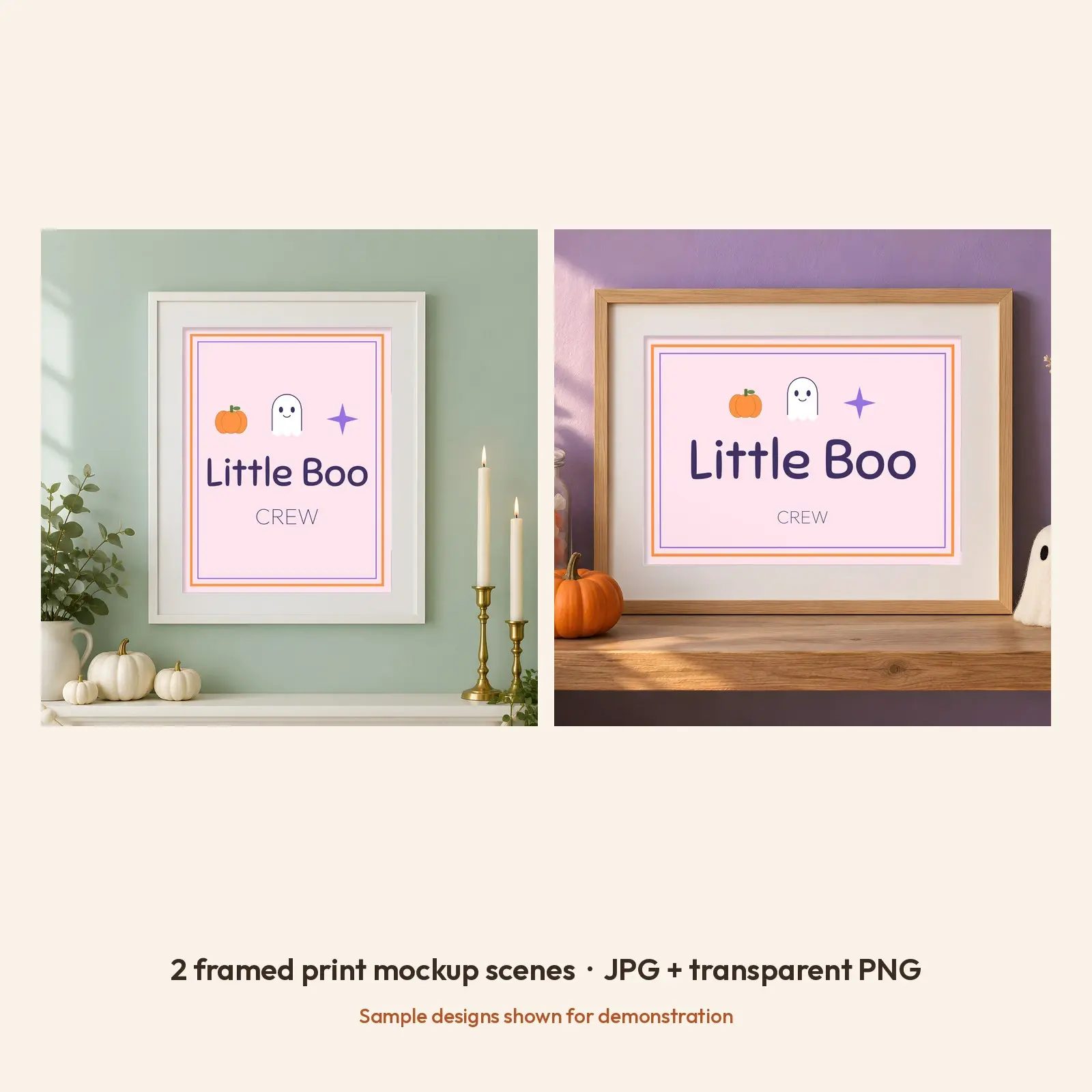 Pastel Ghost Mantel Framed Print Mockup - 2 Halloween Scenes, JPG + Transparent PNG, preview 2 of 3
