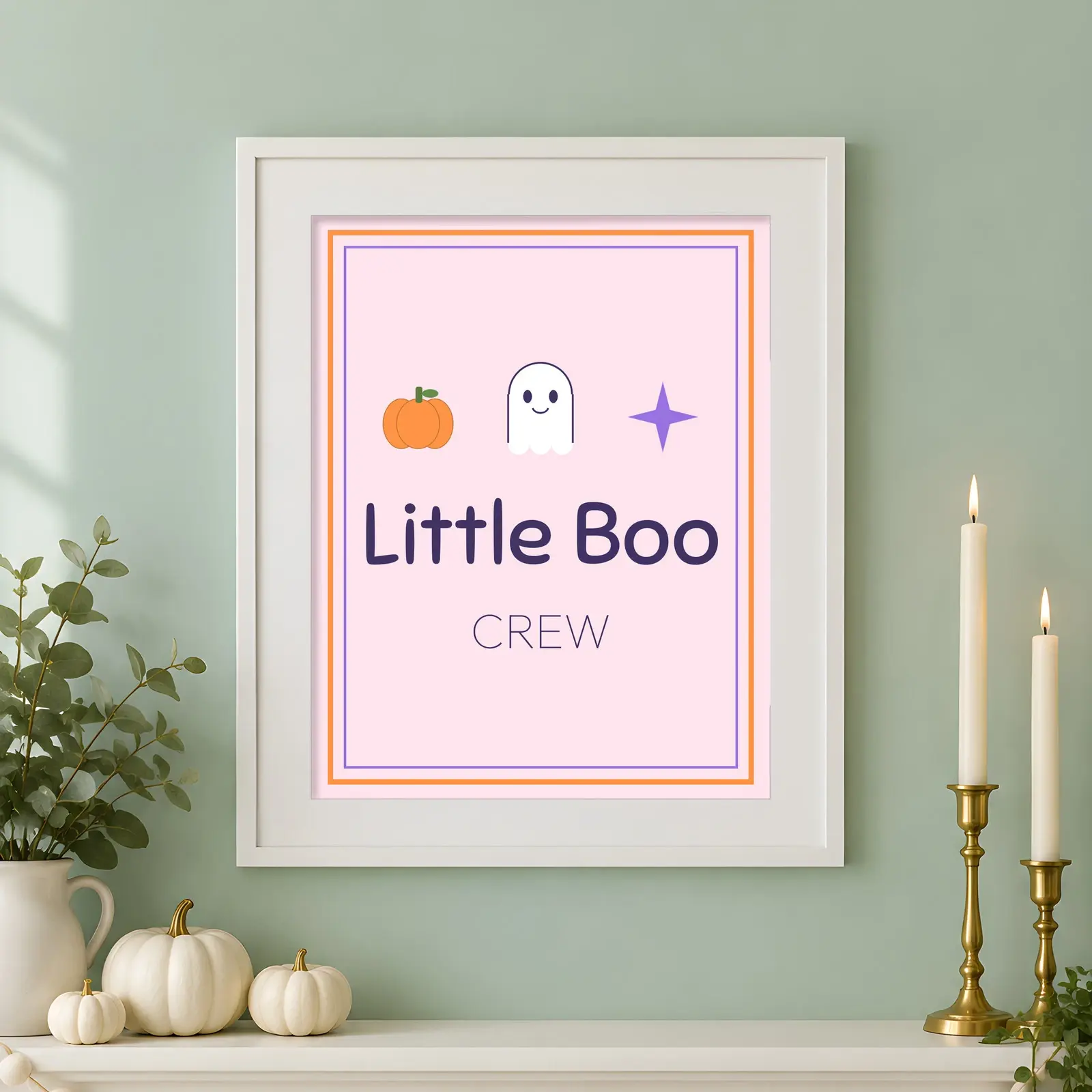 Pastel Ghost Mantel Framed Print Mockup - 2 Halloween Scenes, JPG + Transparent PNG, preview 1 of 3