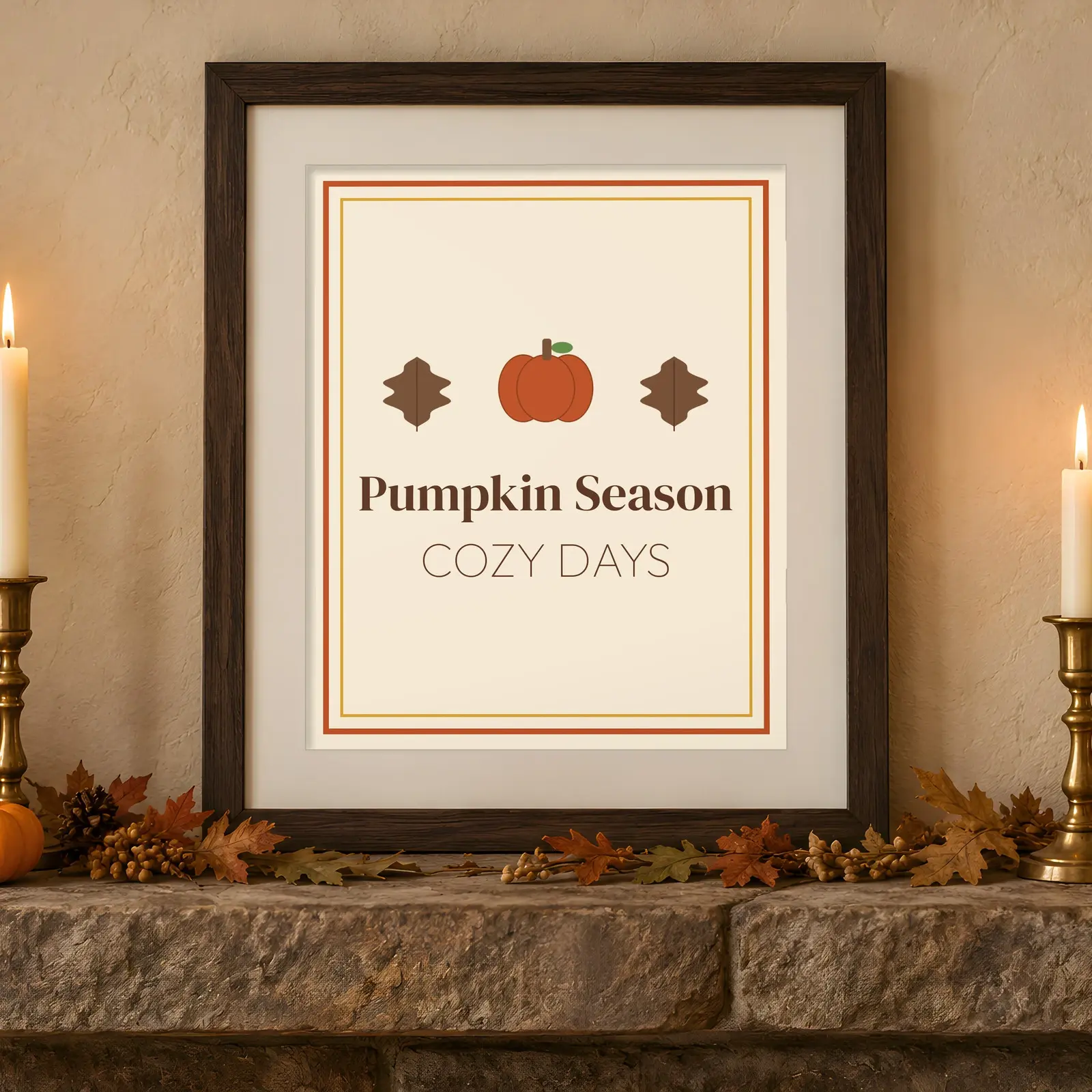 Rustic Mantel Framed Print Mockup - 3 Cozy Fall Scenes, JPG + Transparent PNG preview