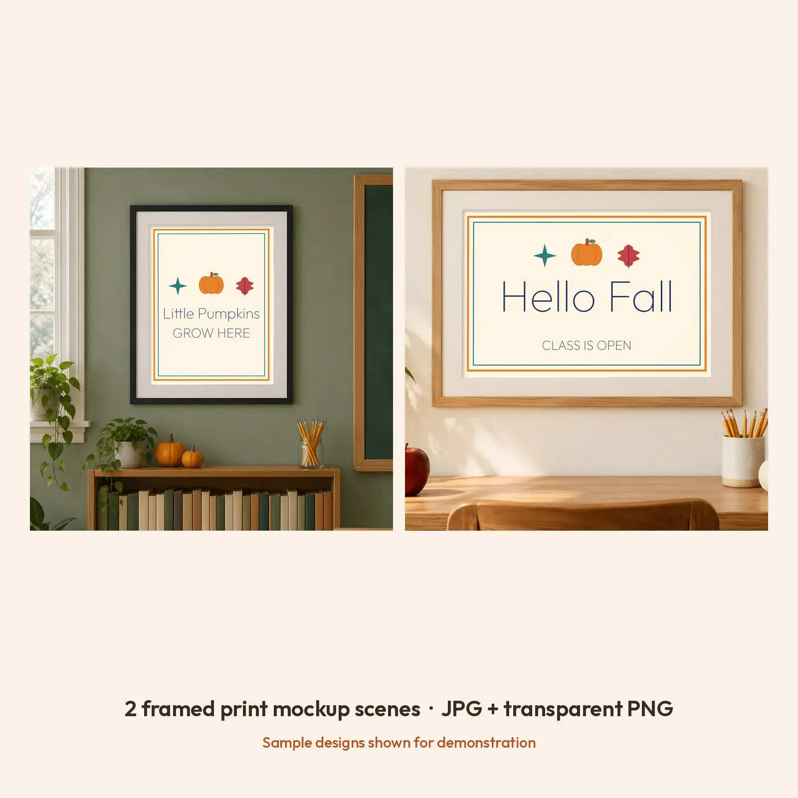 Teacher Classroom Wall Framed Print Mockup - 2 Fall Scenes, JPG + Transparent PNG, preview 2 of 3