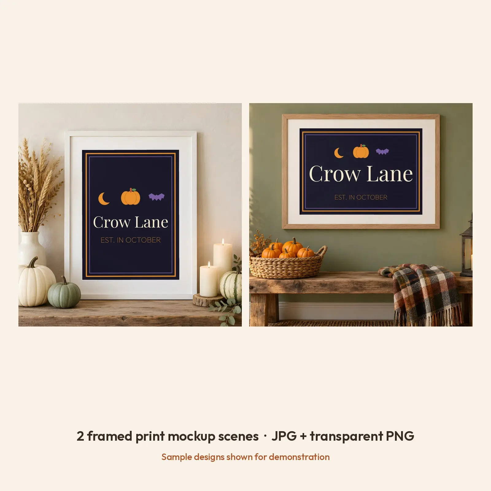 Cozy Cottage Halloween Framed Print Mockup - 2 Warm Rustic Scenes, JPG + Transparent PNG, preview 2 of 3