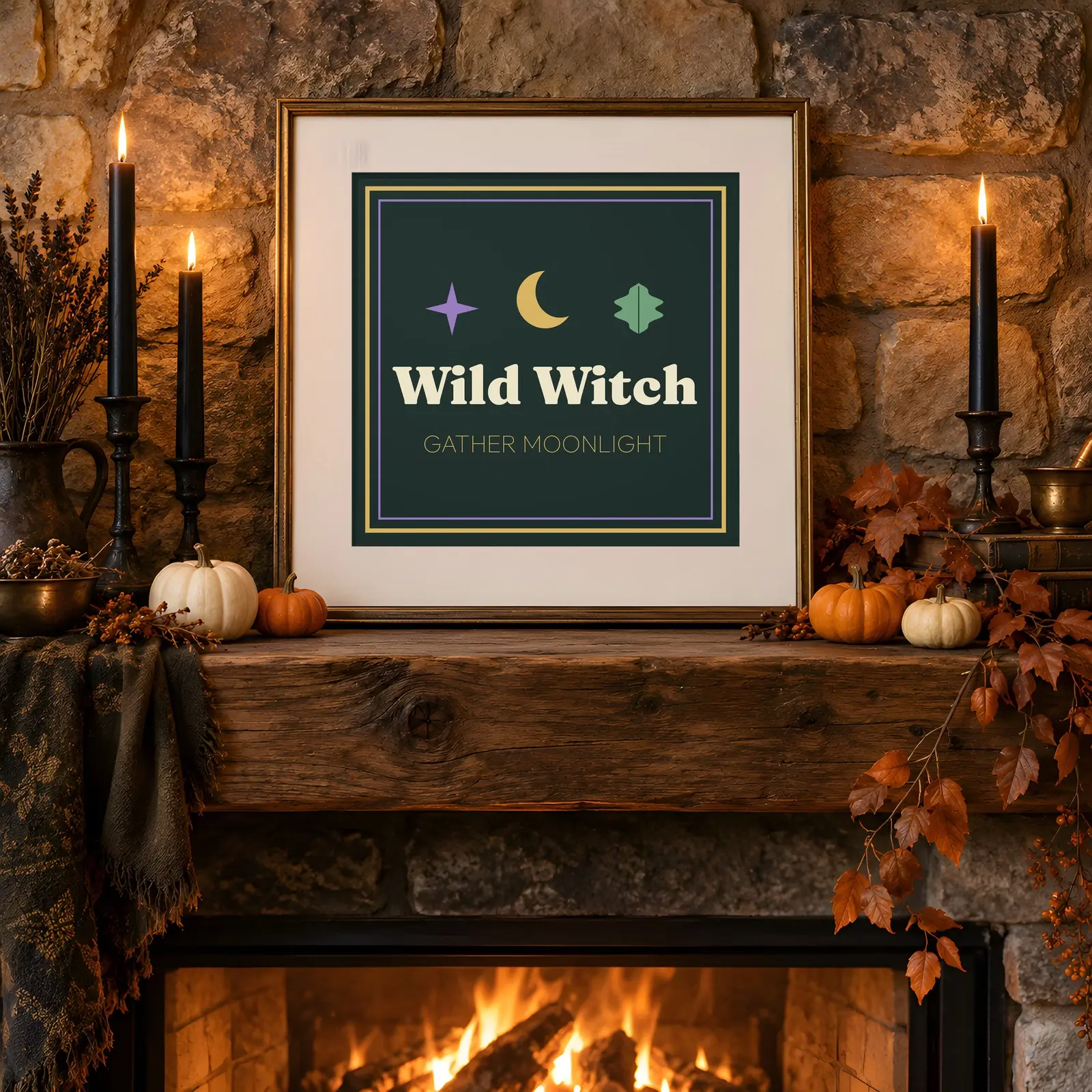 Moonlit Mantel Framed Print Mockup - 2 Cozy Witch Cottage Scenes, JPG + Transparent PNG, preview 1 of 3