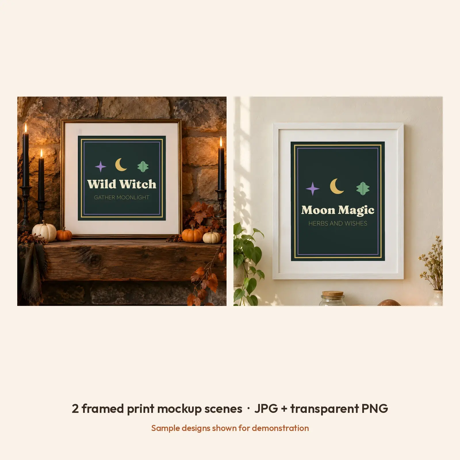 Moonlit Mantel Framed Print Mockup - 2 Cozy Witch Cottage Scenes, JPG + Transparent PNG, preview 2 of 3