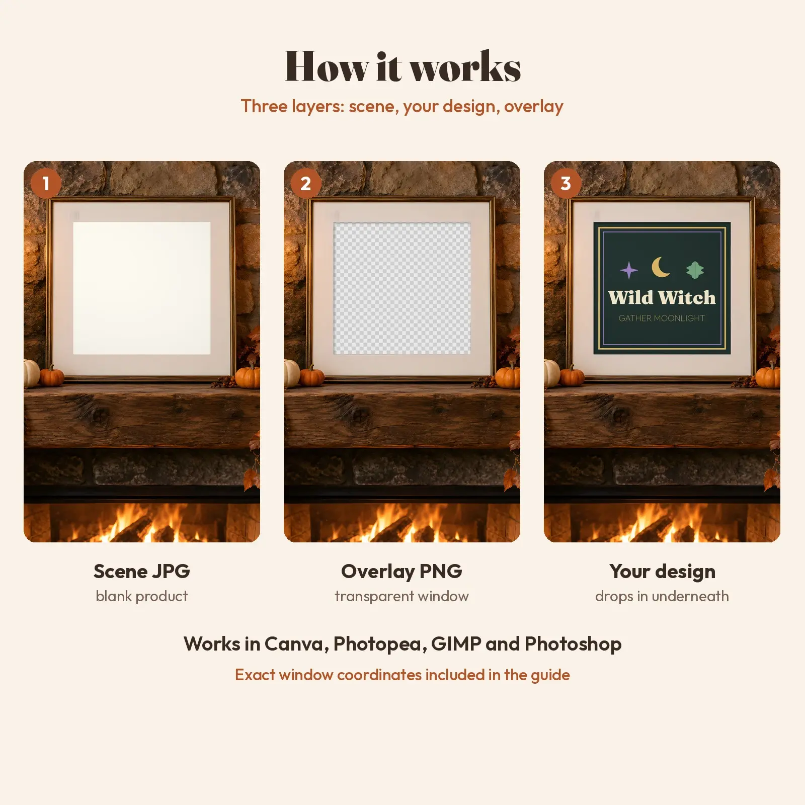 Moonlit Mantel Framed Print Mockup - 2 Cozy Witch Cottage Scenes, JPG + Transparent PNG, preview 3 of 3