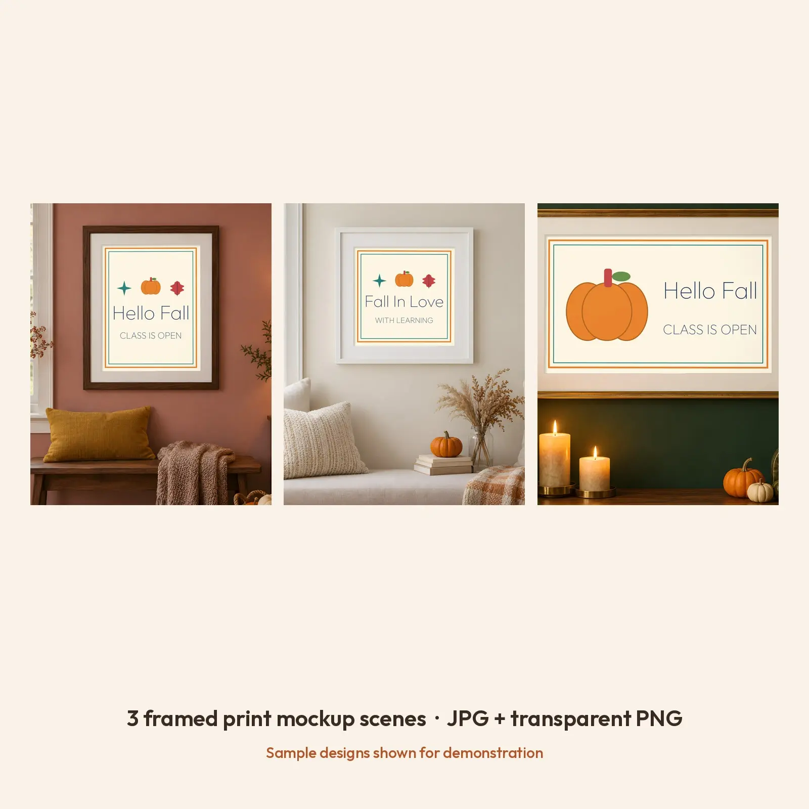 Cozy Reading Corner Gallery Framed Print Mockup - 3 Fall Scenes, JPG + Transparent PNG, preview 2 of 3