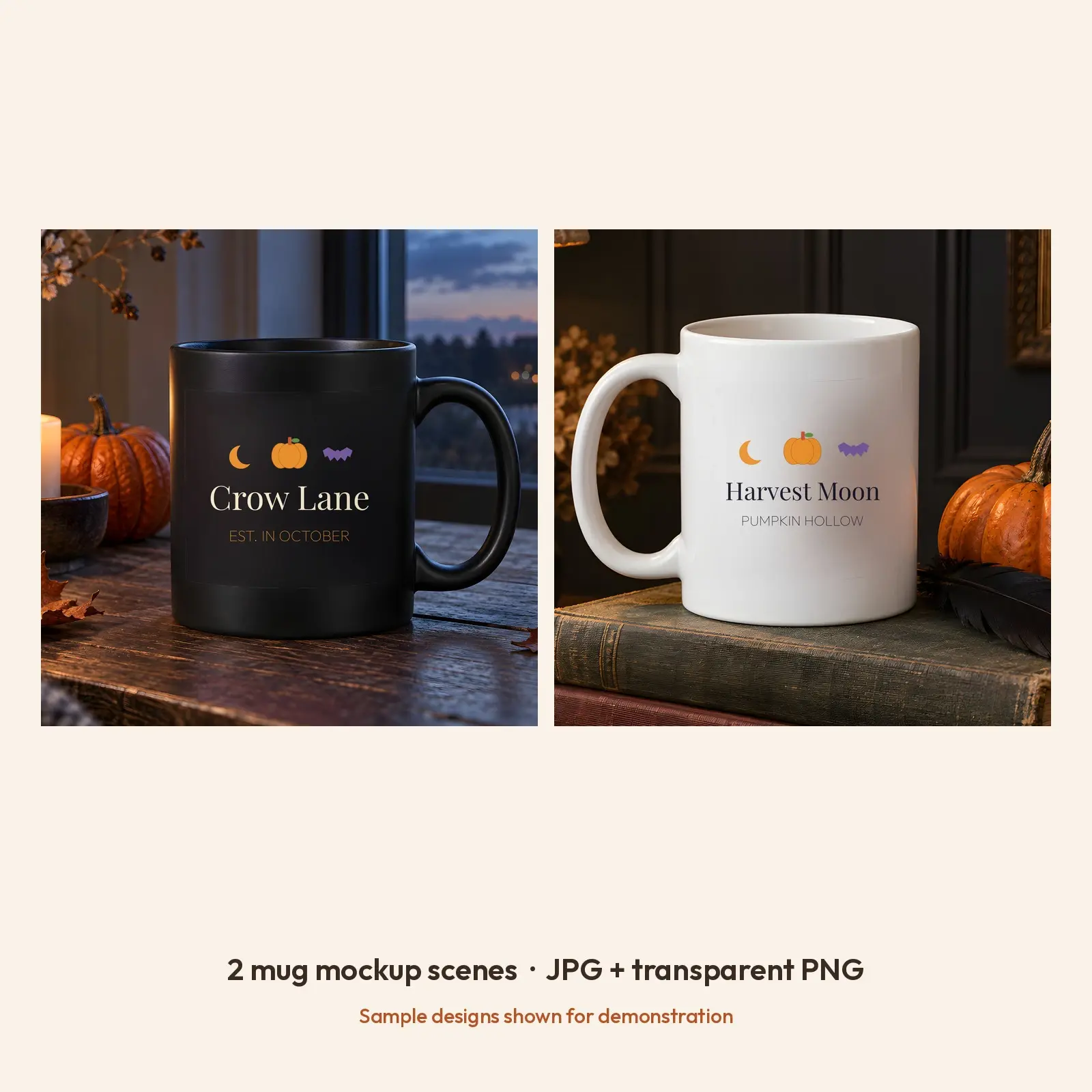 Spooky Cozy Ceramic Mug Mockup - 2 Moody Halloween Scenes, JPG + Transparent PNG, preview 2 of 3