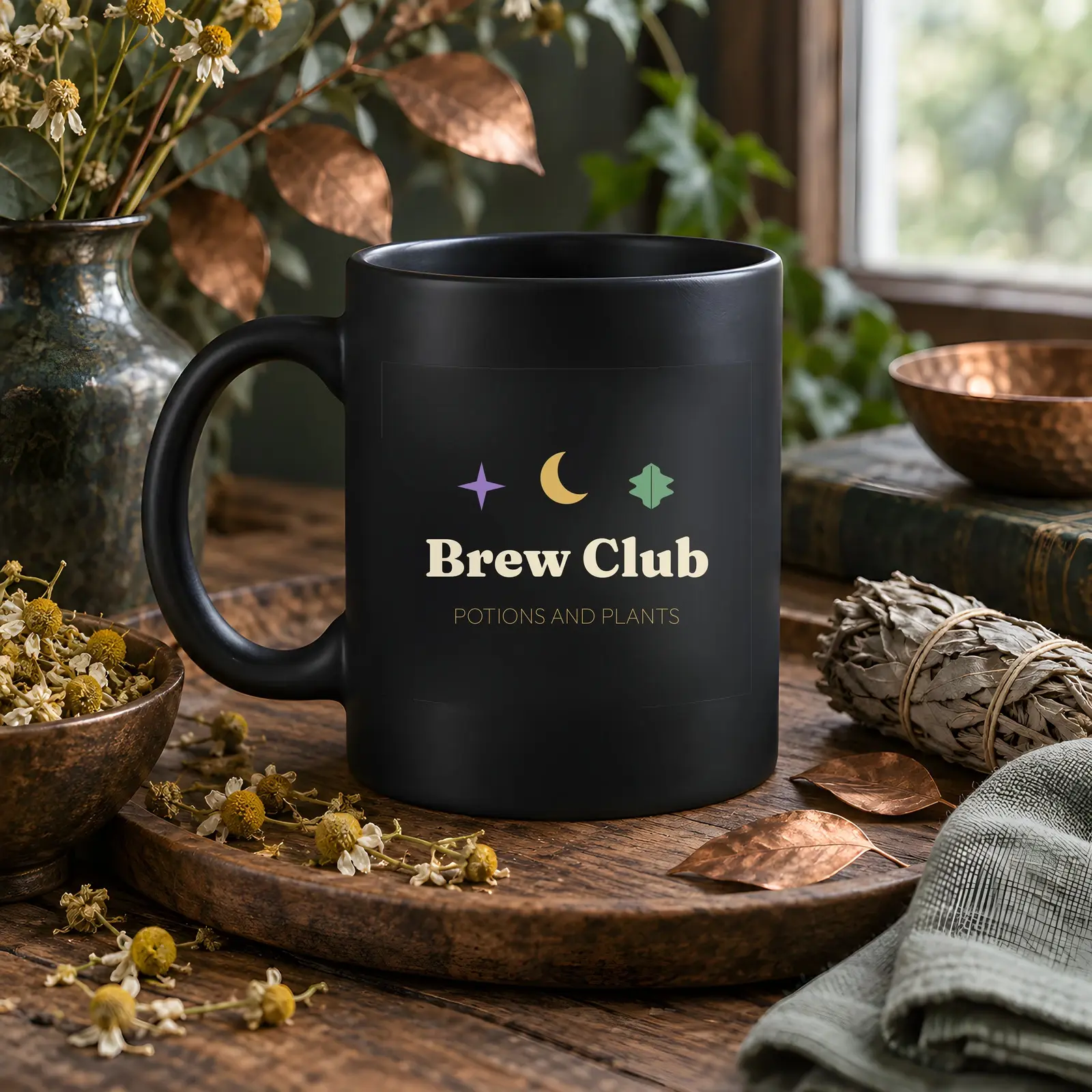 Witchy Cottage Ceramic Mug Mockup - 3 Cozy Apothecary Scenes, JPG + Transparent PNG preview