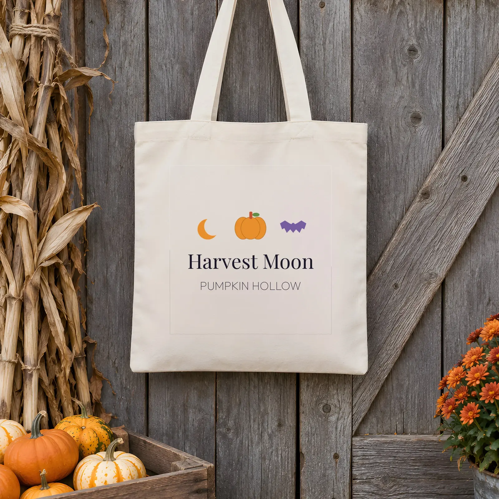 Haunted Harvest Canvas Tote Bag Mockup - 2 Rustic Scenes, JPG + Transparent PNG preview