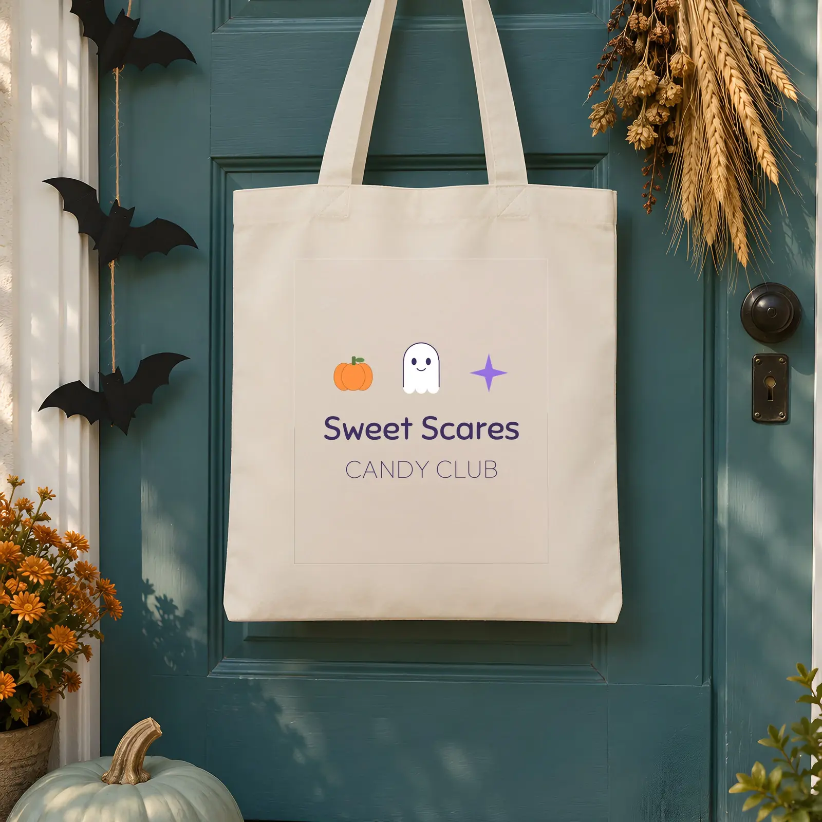 Trick or Treat Canvas Tote Bag Mockup - 2 Halloween Door and Wall Scenes, JPG + Transparent PNG preview