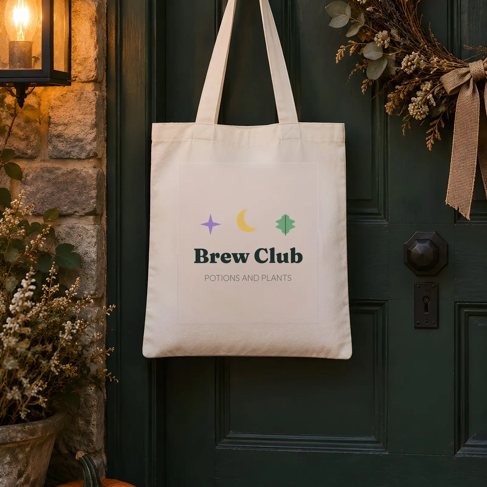 Witchy Autumn Canvas Tote Bag Mockup - 3 Cottage Door and Cabin Scenes, JPG + Transparent PNG preview