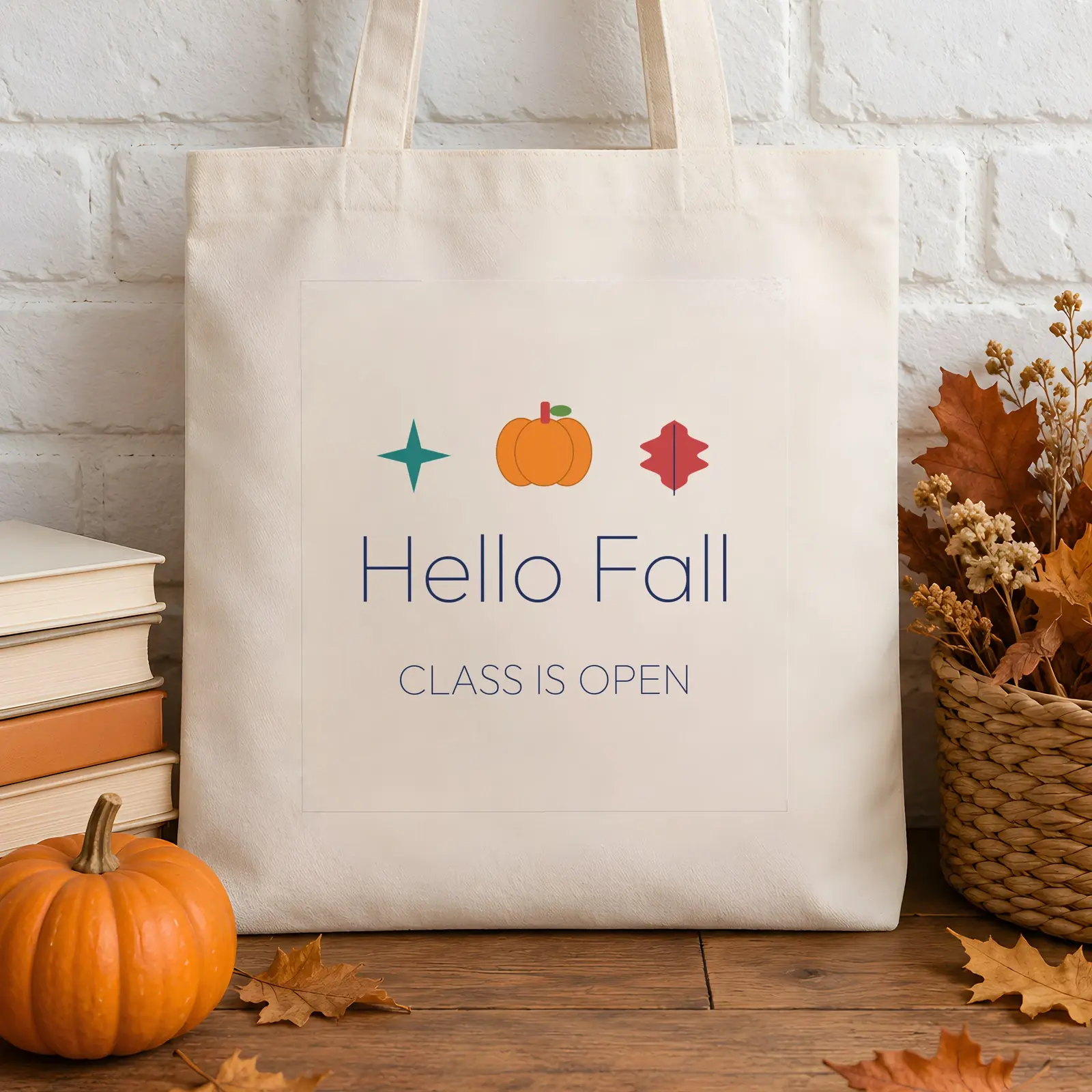 Teacher Canvas Tote Bag Mockup - 2 Fall Classroom Scenes, JPG + Transparent PNG preview