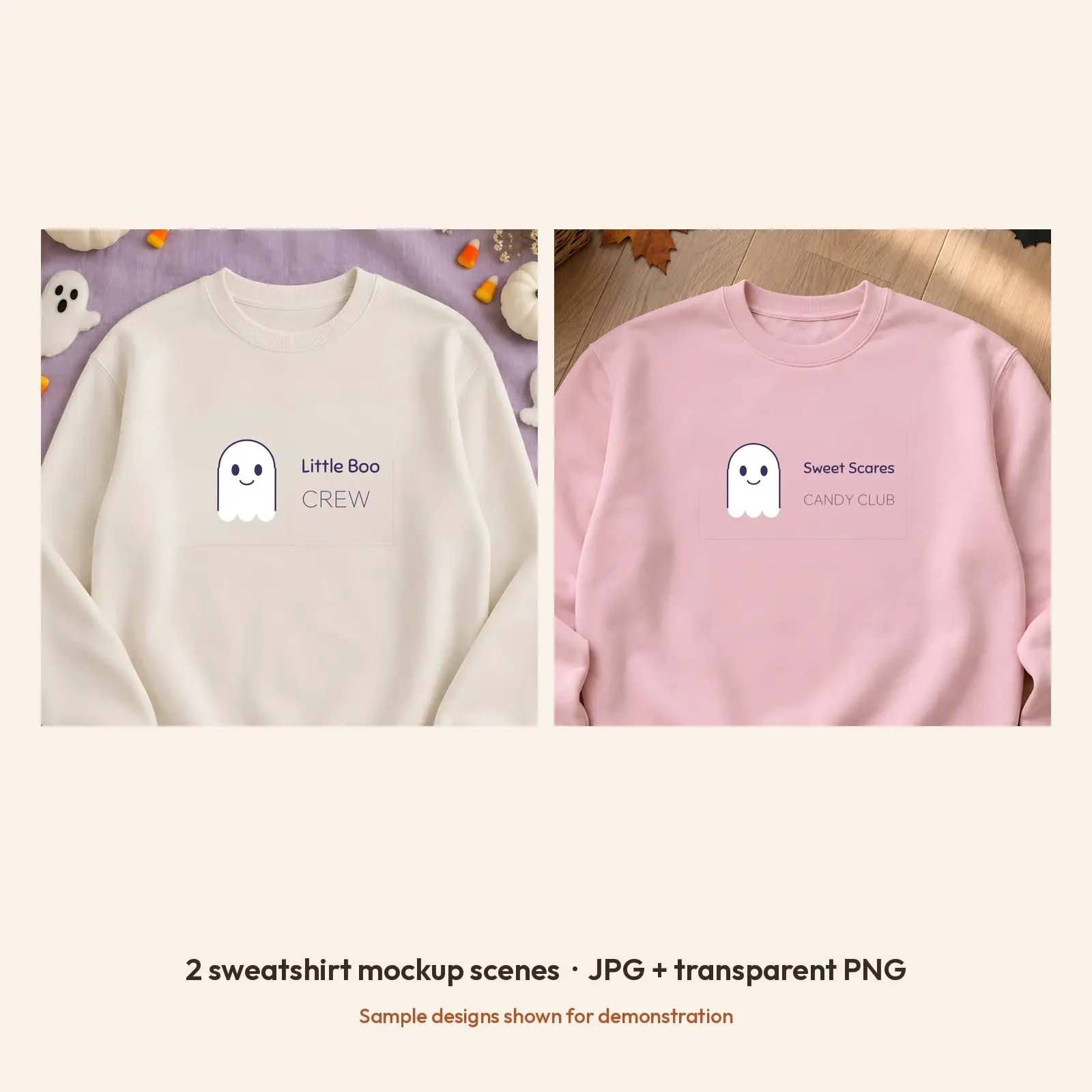 Pastel Fall Crewneck Sweatshirt Flat Lay Mockup - 2 Halloween Scenes, JPG + Transparent PNG, preview 2 of 3