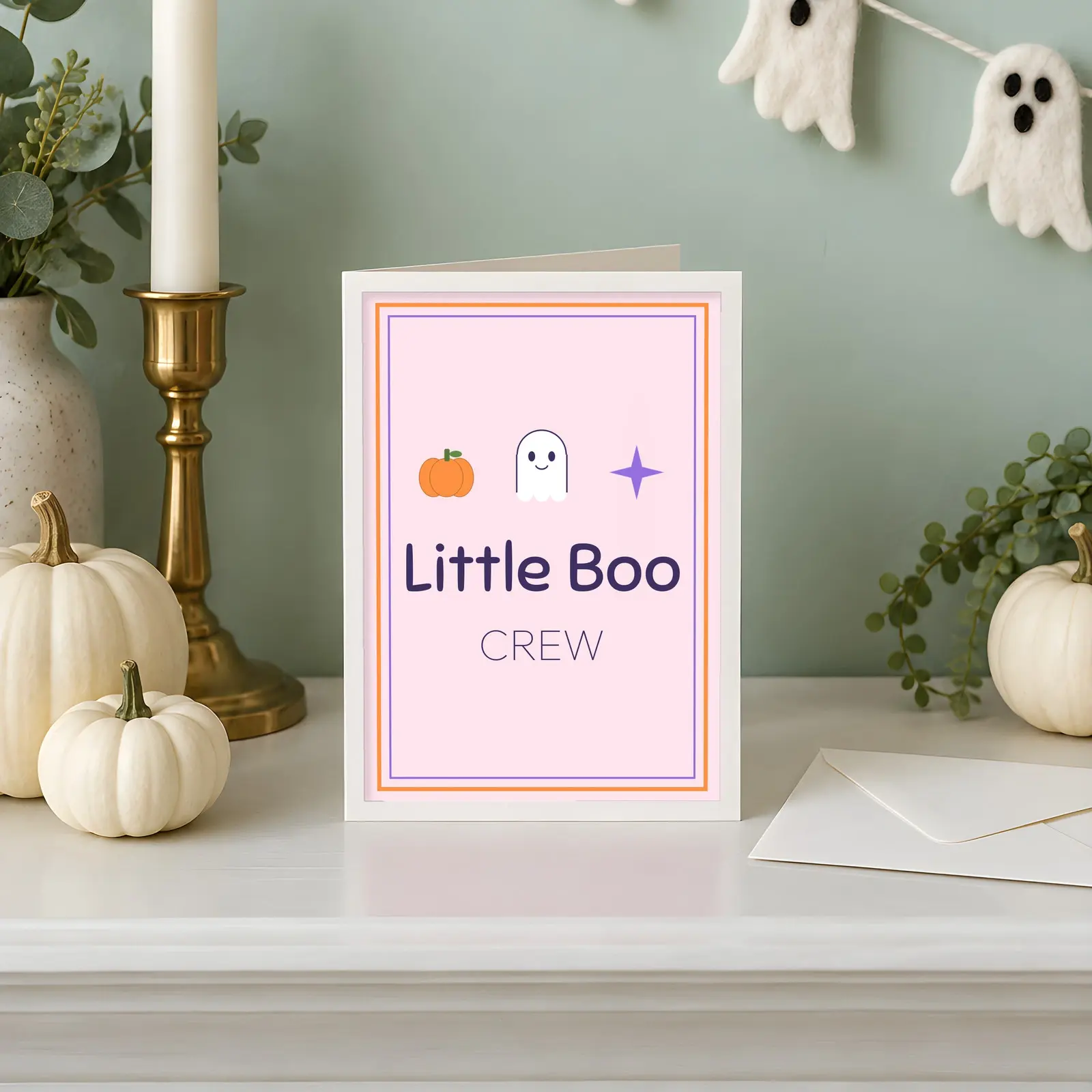 Spooky Cute Greeting Card Mockup - 3 Halloween Shelf and Table Scenes, JPG + Transparent PNG preview