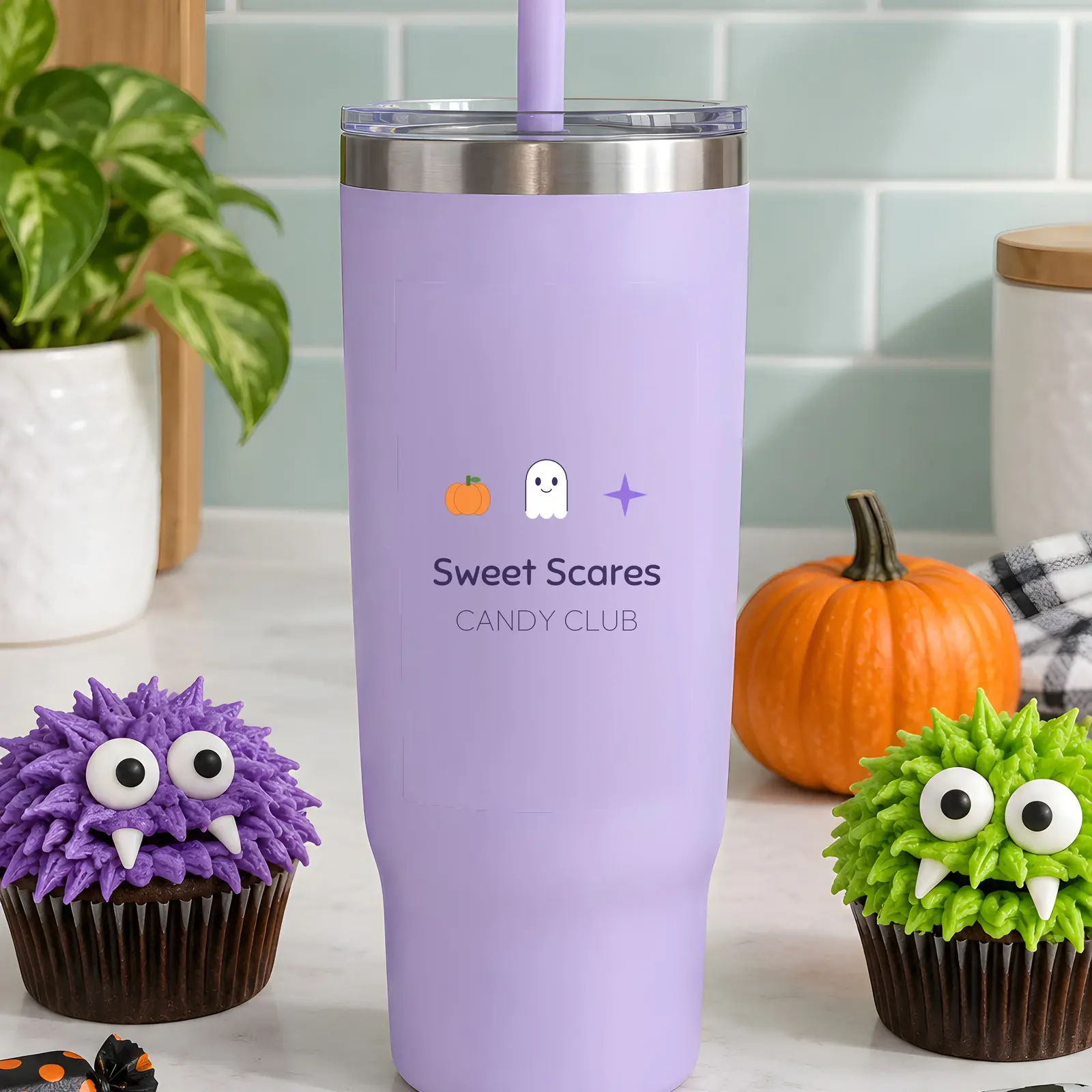 Cute Halloween Insulated Tumbler Mockup - 2 Scenes with Lid and Straw, JPG + Transparent PNG preview