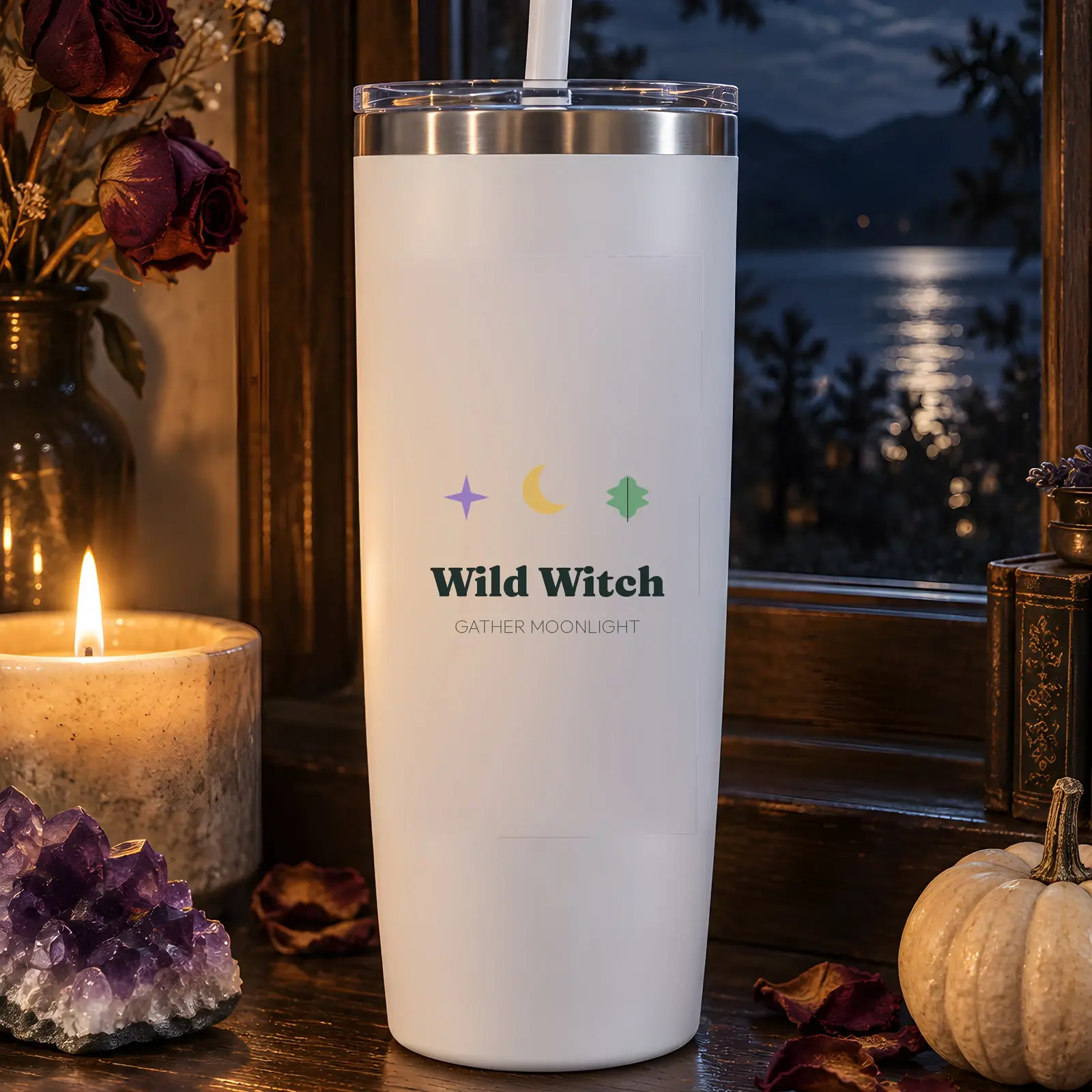 Witchy Autumn Insulated Tumbler Mockup - 2 Moody Scenes, JPG + Transparent PNG preview