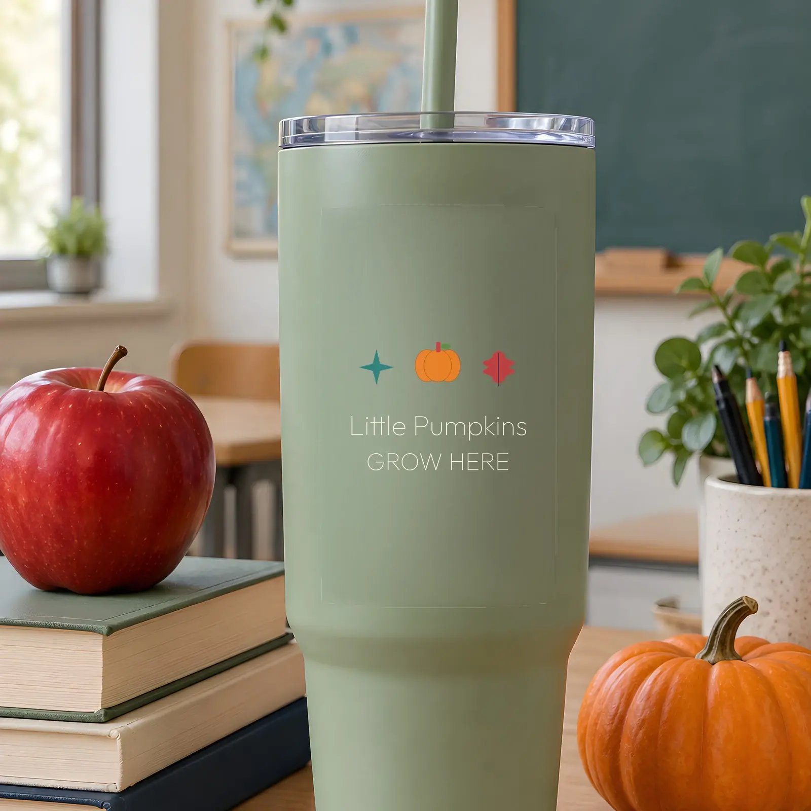 Teacher Insulated Tumbler Mockup - 4 Fall Classroom Scenes, JPG + Transparent PNG preview