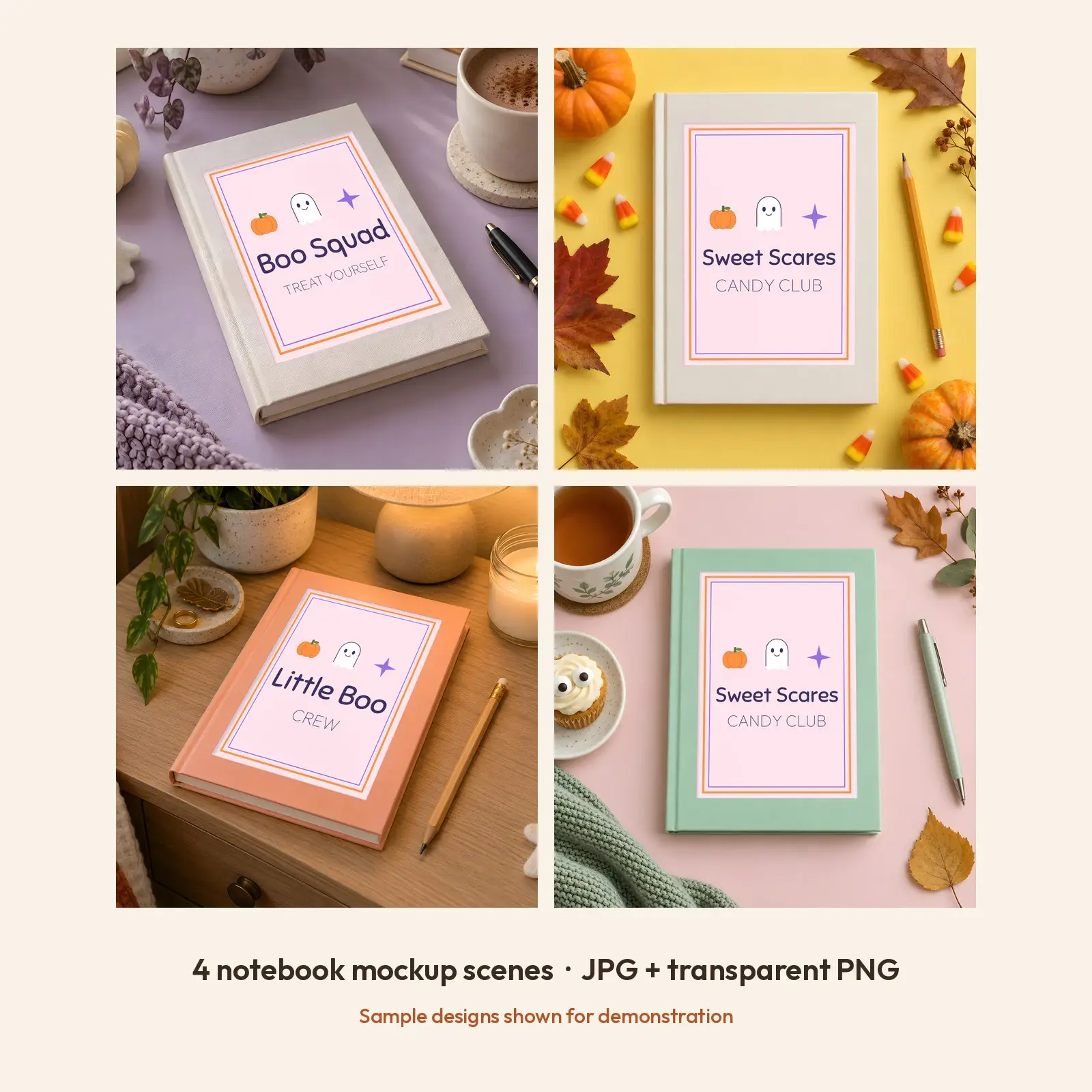 Spooky Cute Hardcover Notebook Journal Mockup - 4 Halloween Scenes, JPG + Transparent PNG, preview 2 of 3