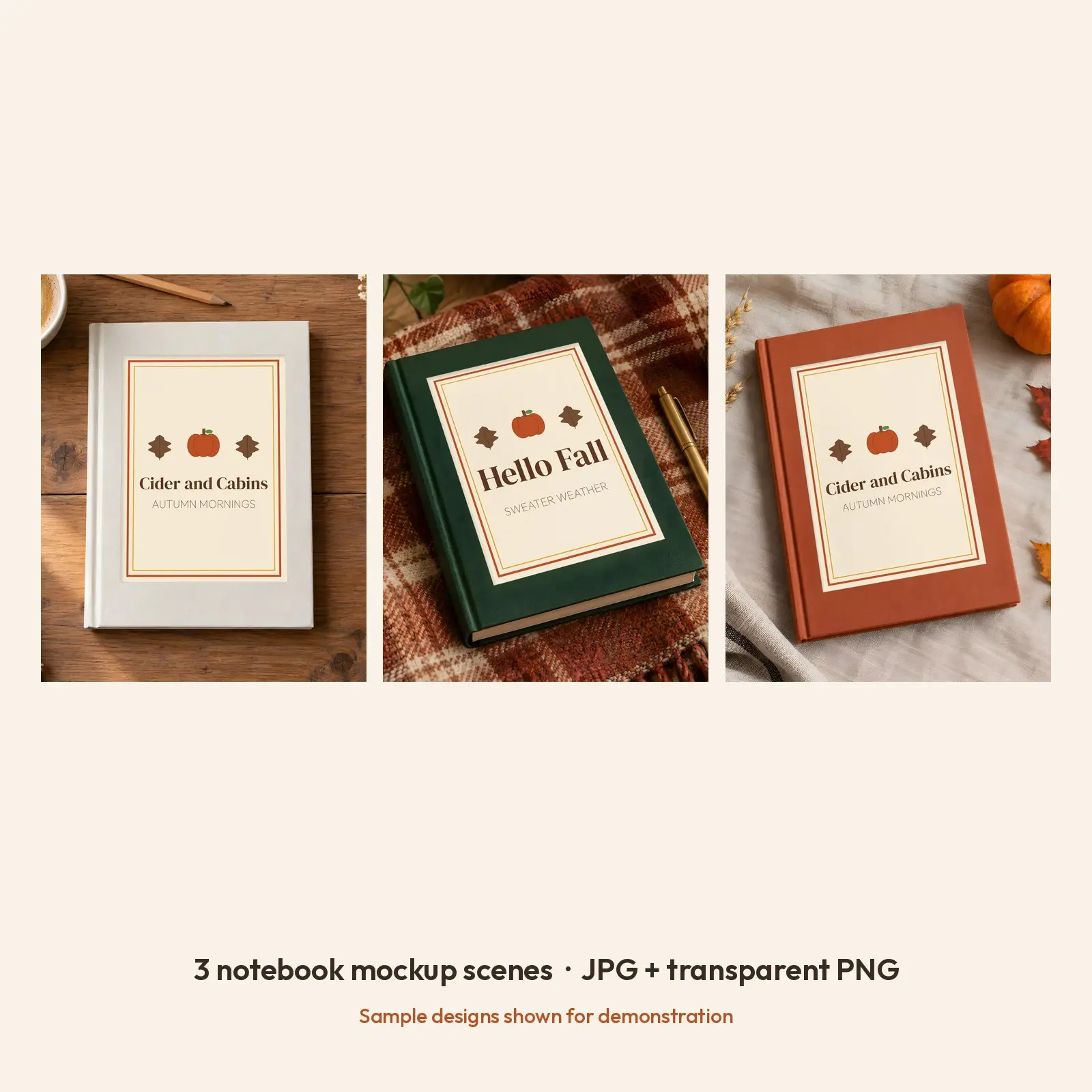 Autumn Hardcover Notebook Mockup - 3 Desk Scenes, JPG + Transparent PNG, preview 2 of 3