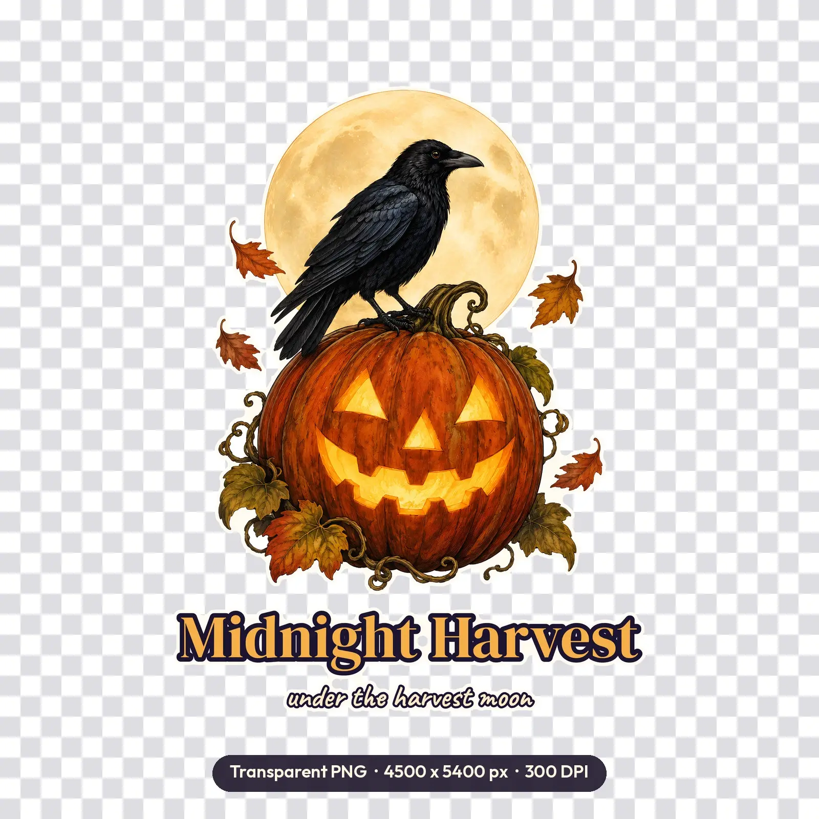 Midnight Harvest Crow and Jack-o-Lantern Shirt Design – Transparent PNG for DTF and Sublimation, preview 2 of 4
