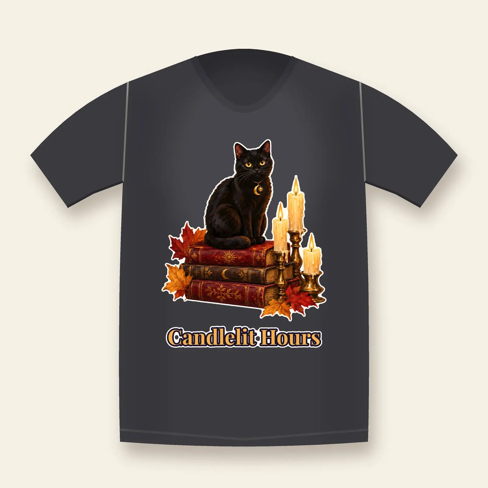Black Cat on Old Books and Candles Shirt Design – Gothic Cozy PNG for Sublimation and DTF preview