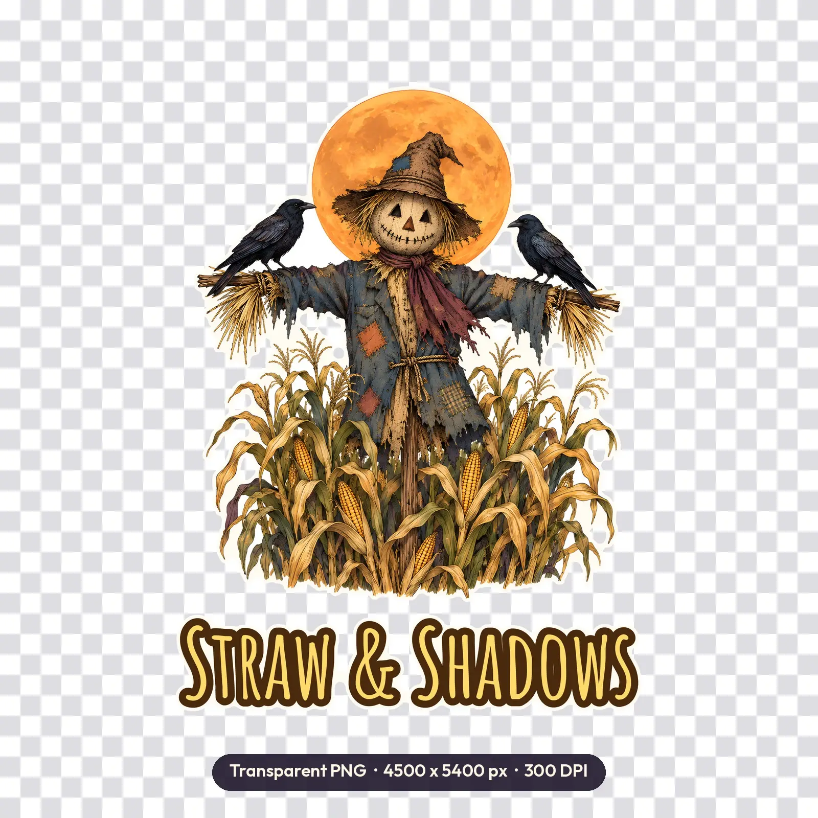Patchwork Scarecrow and Crows Shirt Design – Moonlit Cornfield Halloween PNG, preview 2 of 4