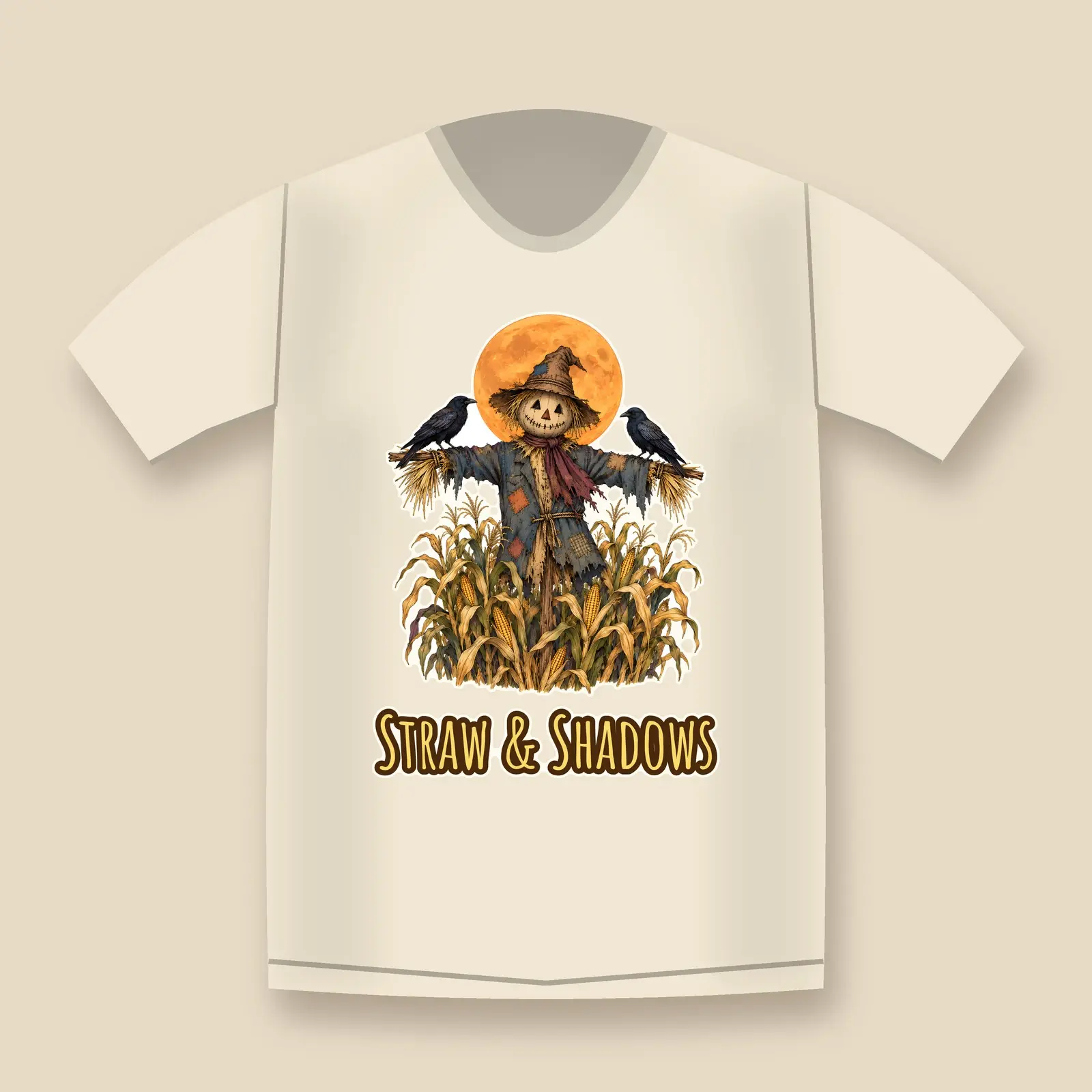 Patchwork Scarecrow and Crows Shirt Design – Moonlit Cornfield Halloween PNG, preview 4 of 4
