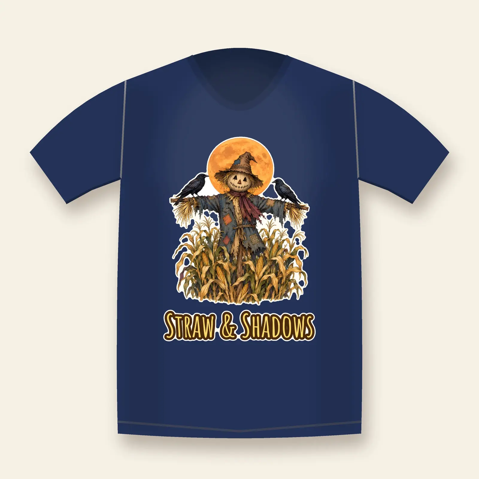 Patchwork Scarecrow and Crows Shirt Design – Moonlit Cornfield Halloween PNG preview