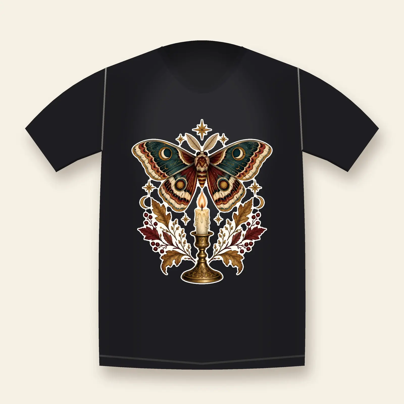 Moth and Candle Victorian Halloween Shirt Design – Text-Free Gothic PNG preview