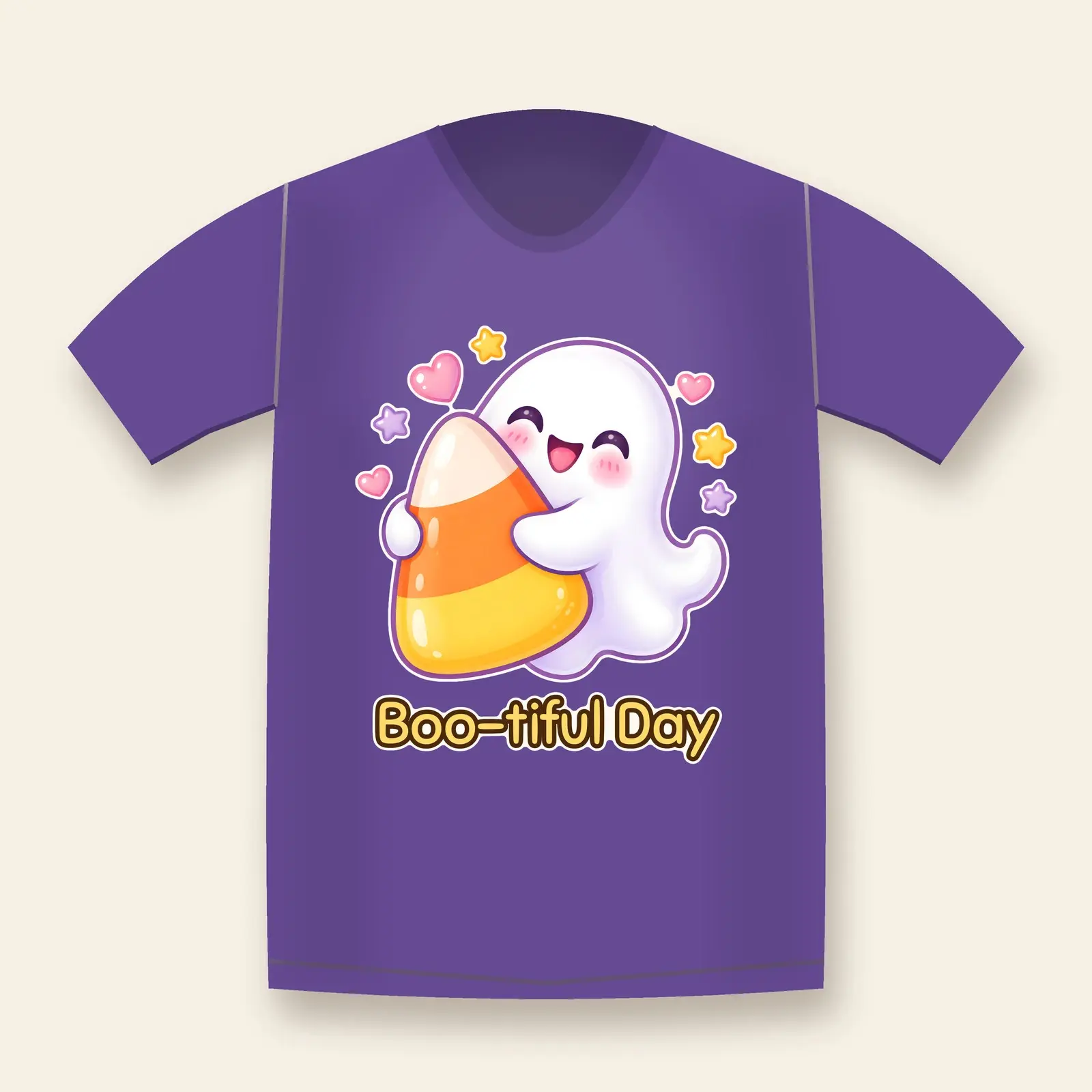 Smiling Ghost Hugging Candy Corn Shirt Design – Kawaii Halloween PNG for Kids Tees preview