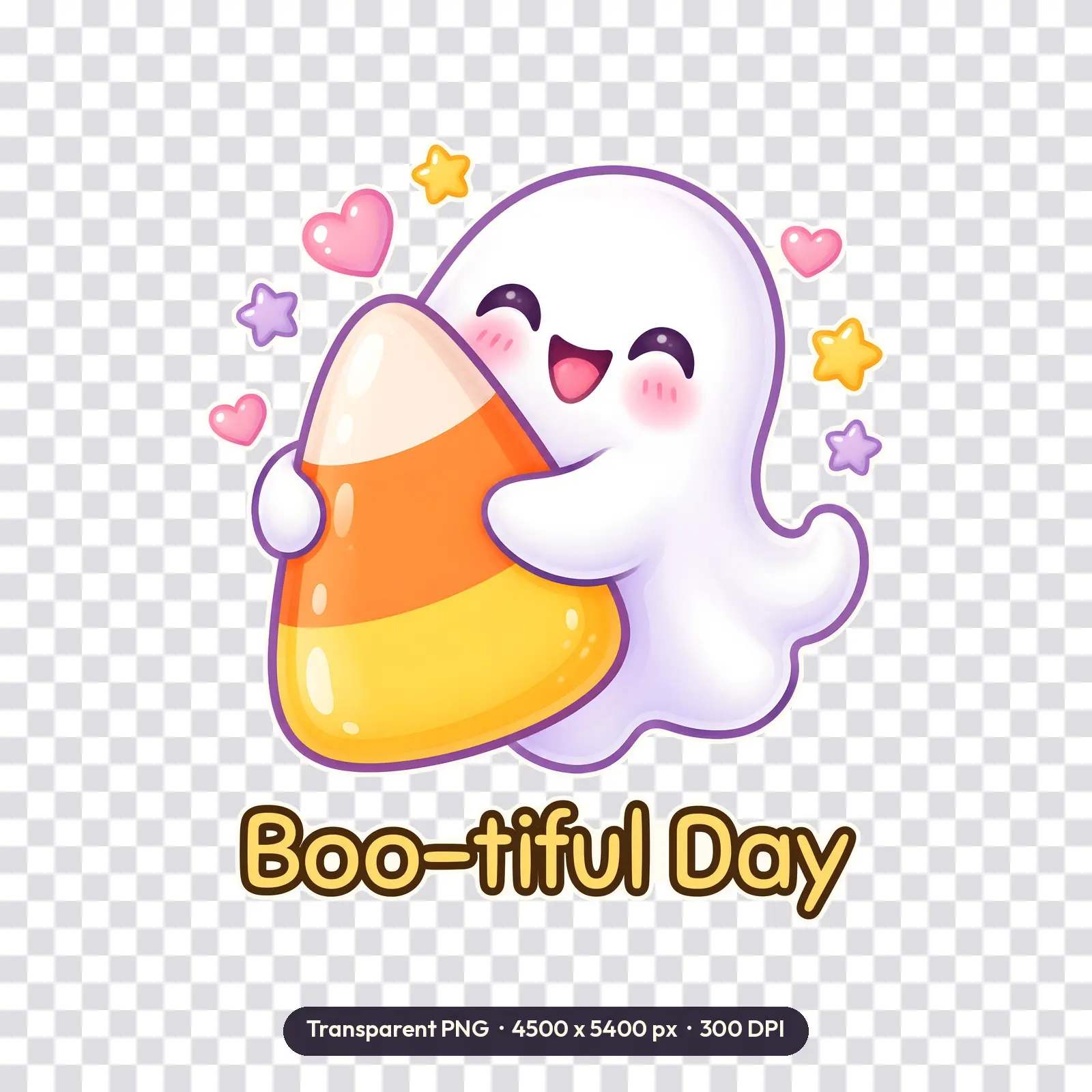 Smiling Ghost Hugging Candy Corn Shirt Design – Kawaii Halloween PNG for Kids Tees, preview 2 of 4