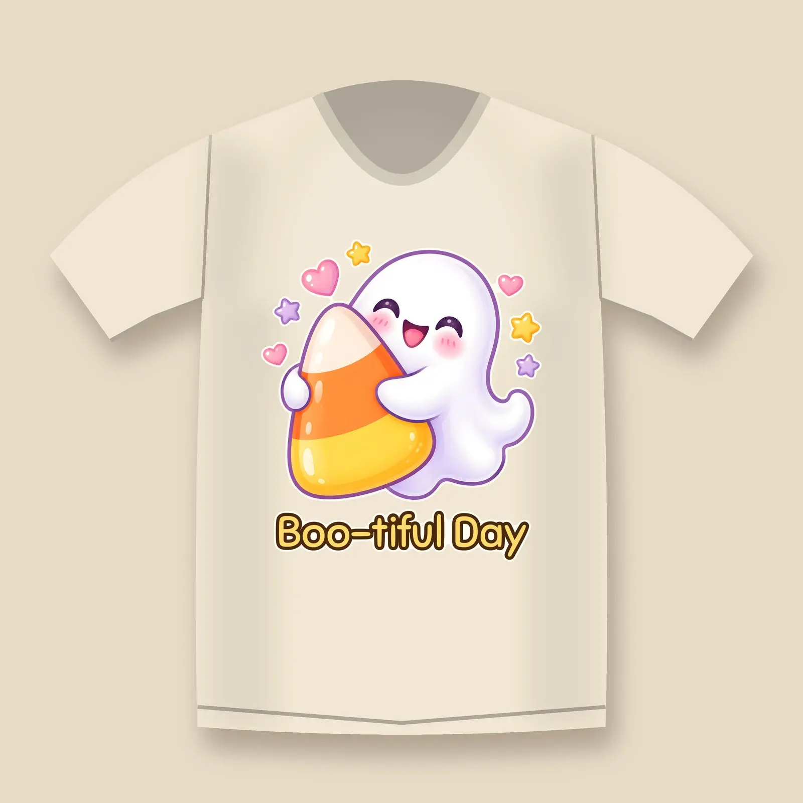 Smiling Ghost Hugging Candy Corn Shirt Design – Kawaii Halloween PNG for Kids Tees, preview 4 of 4