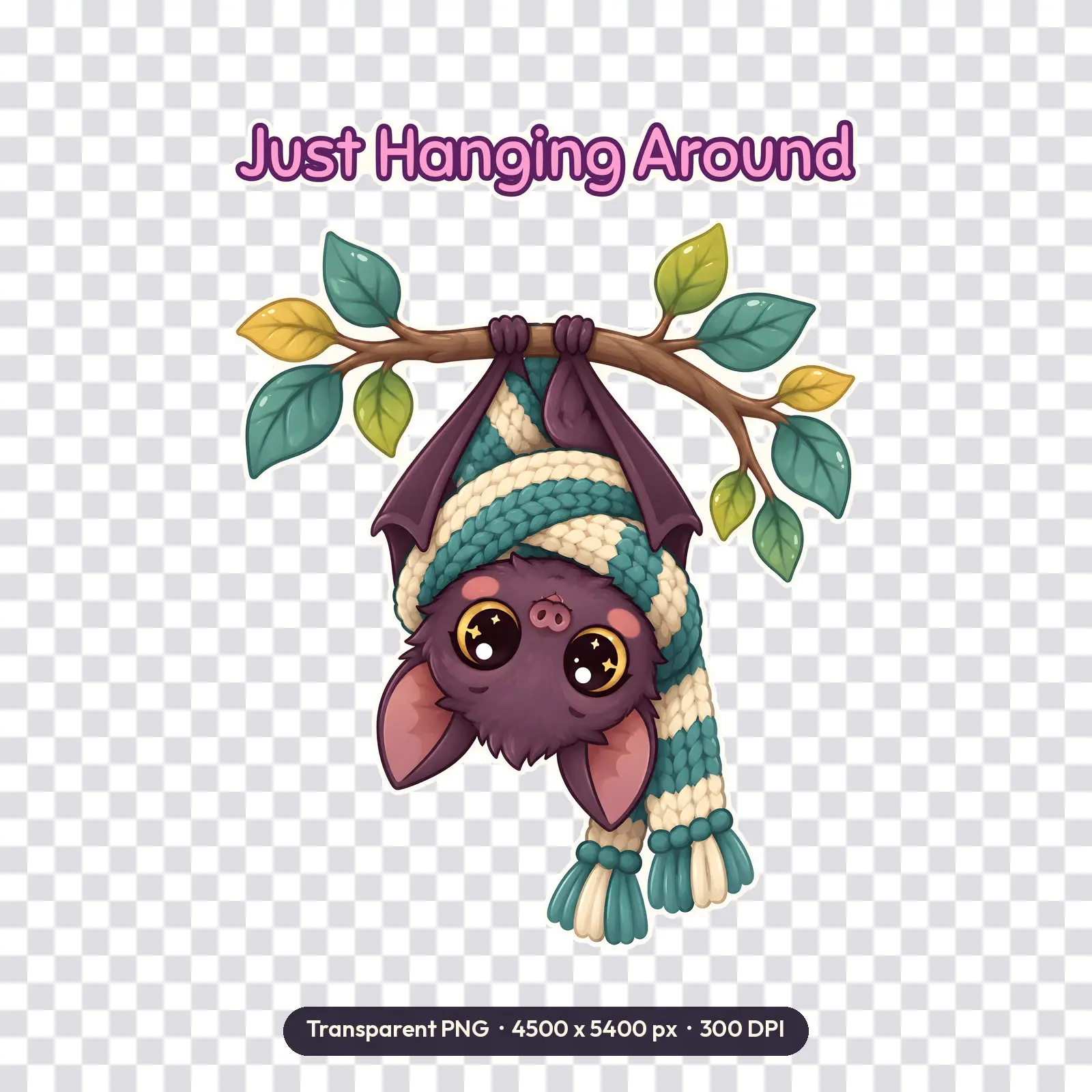 Cute Bat in a Striped Scarf Shirt Design – Just Hanging Around Kawaii PNG, preview 2 of 4