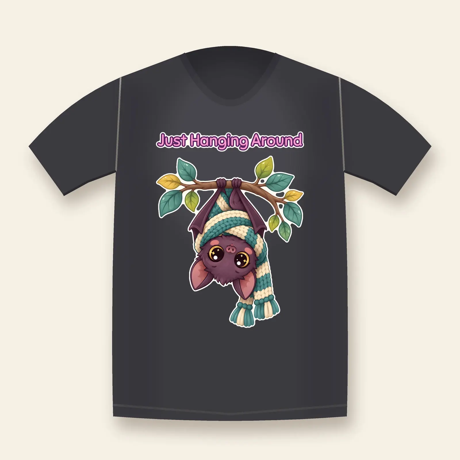 Cute Bat in a Striped Scarf Shirt Design – Just Hanging Around Kawaii PNG, preview 1 of 4