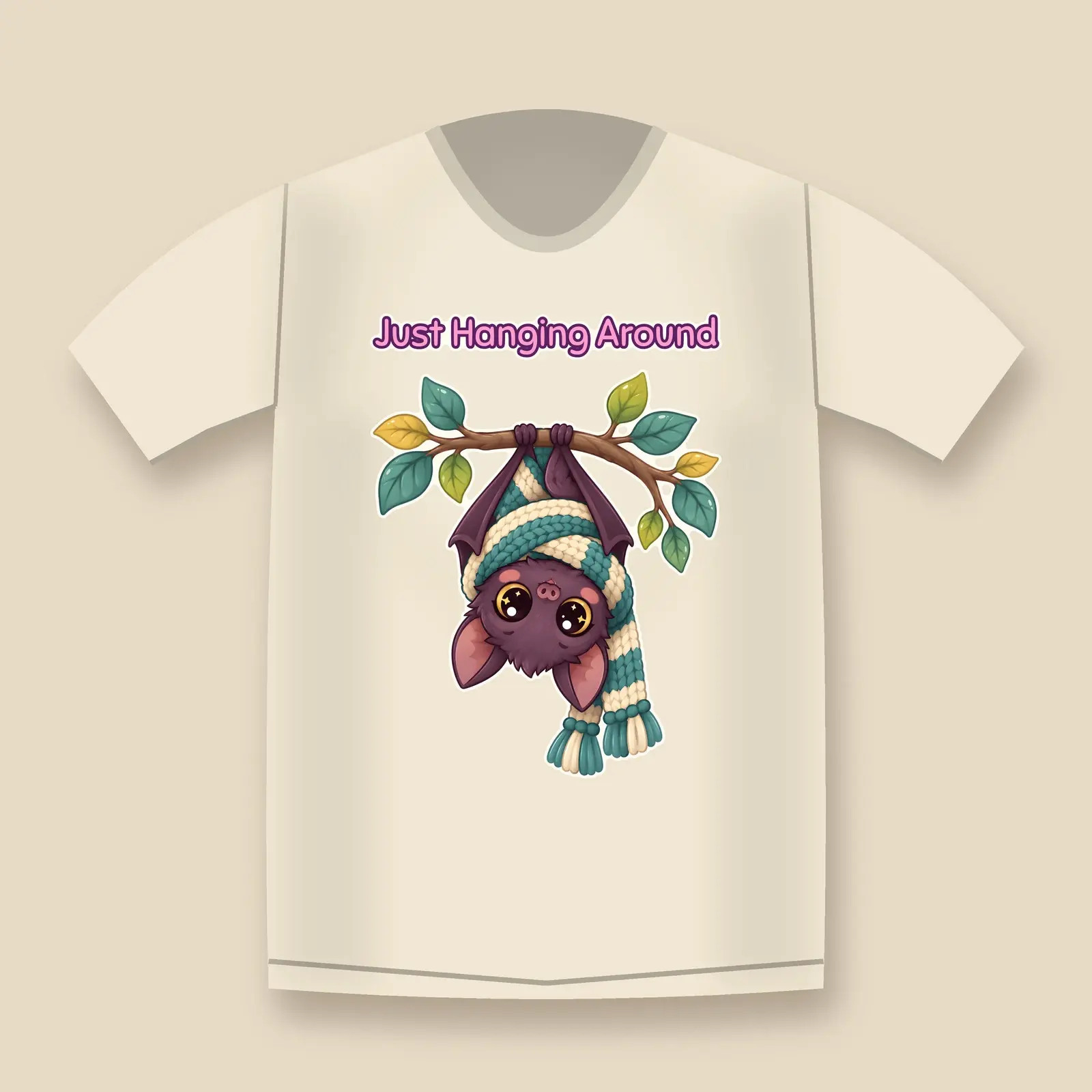 Cute Bat in a Striped Scarf Shirt Design – Just Hanging Around Kawaii PNG, preview 4 of 4