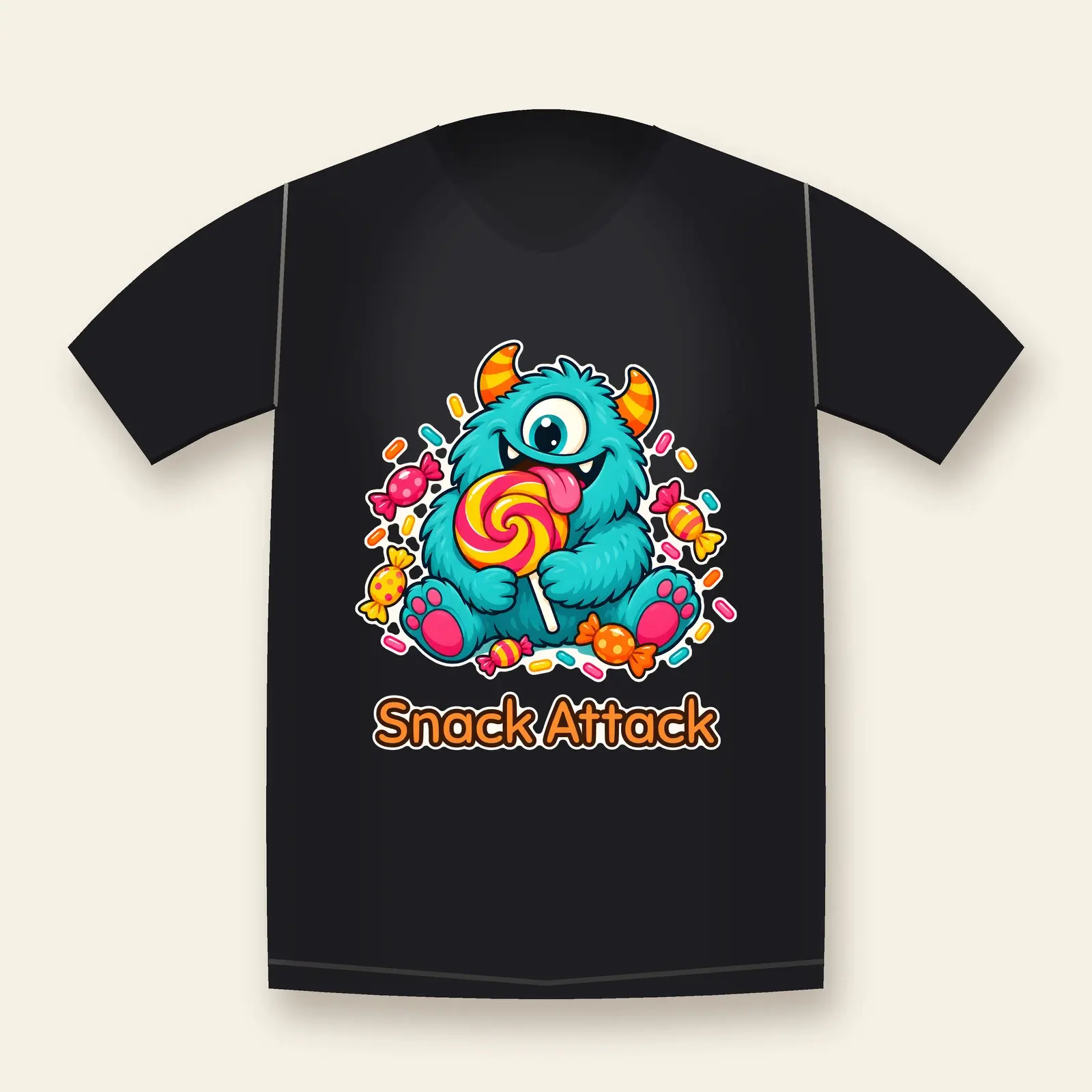 Friendly Teal Monster With Lollipop Shirt Design – Snack Attack Halloween PNG preview