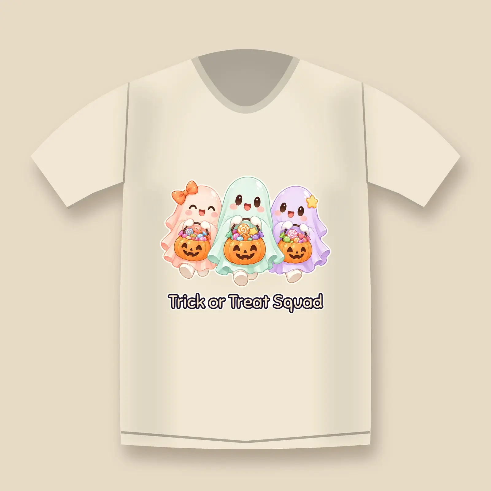 Three Little Ghosts Trick-or-Treating Shirt Design – Kids Halloween PNG Transparent, preview 4 of 4
