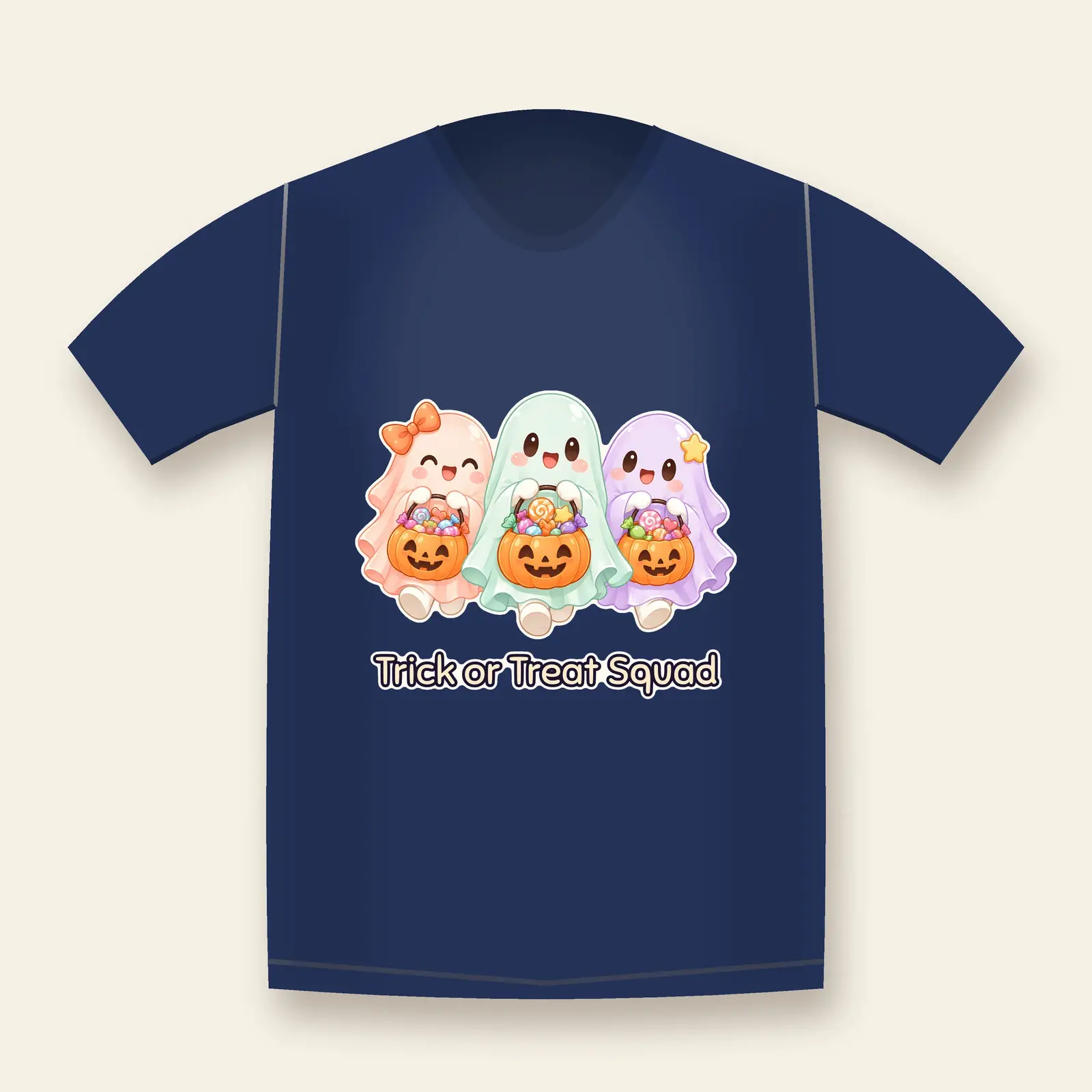 Three Little Ghosts Trick-or-Treating Shirt Design – Kids Halloween PNG Transparent, preview 1 of 4