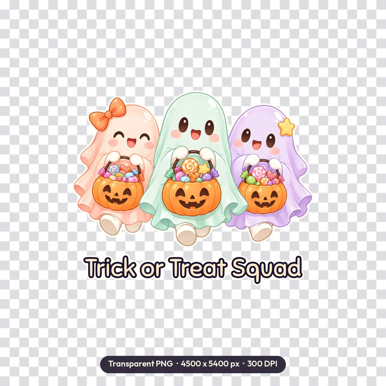 Three Little Ghosts Trick-or-Treating Shirt Design – Kids Halloween PNG Transparent, preview 2 of 4