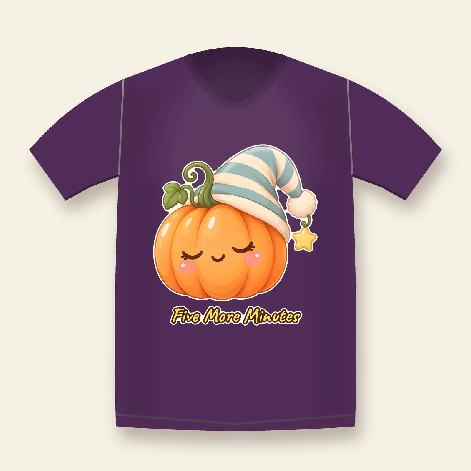 Sleepy Pumpkin in a Nightcap Shirt Design – Five More Minutes Cozy Kawaii PNG preview