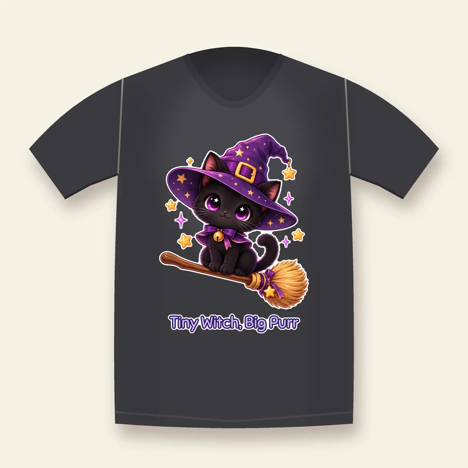 Tiny Witch Kitten on a Broom Shirt Design – Cute Black Cat Halloween PNG preview