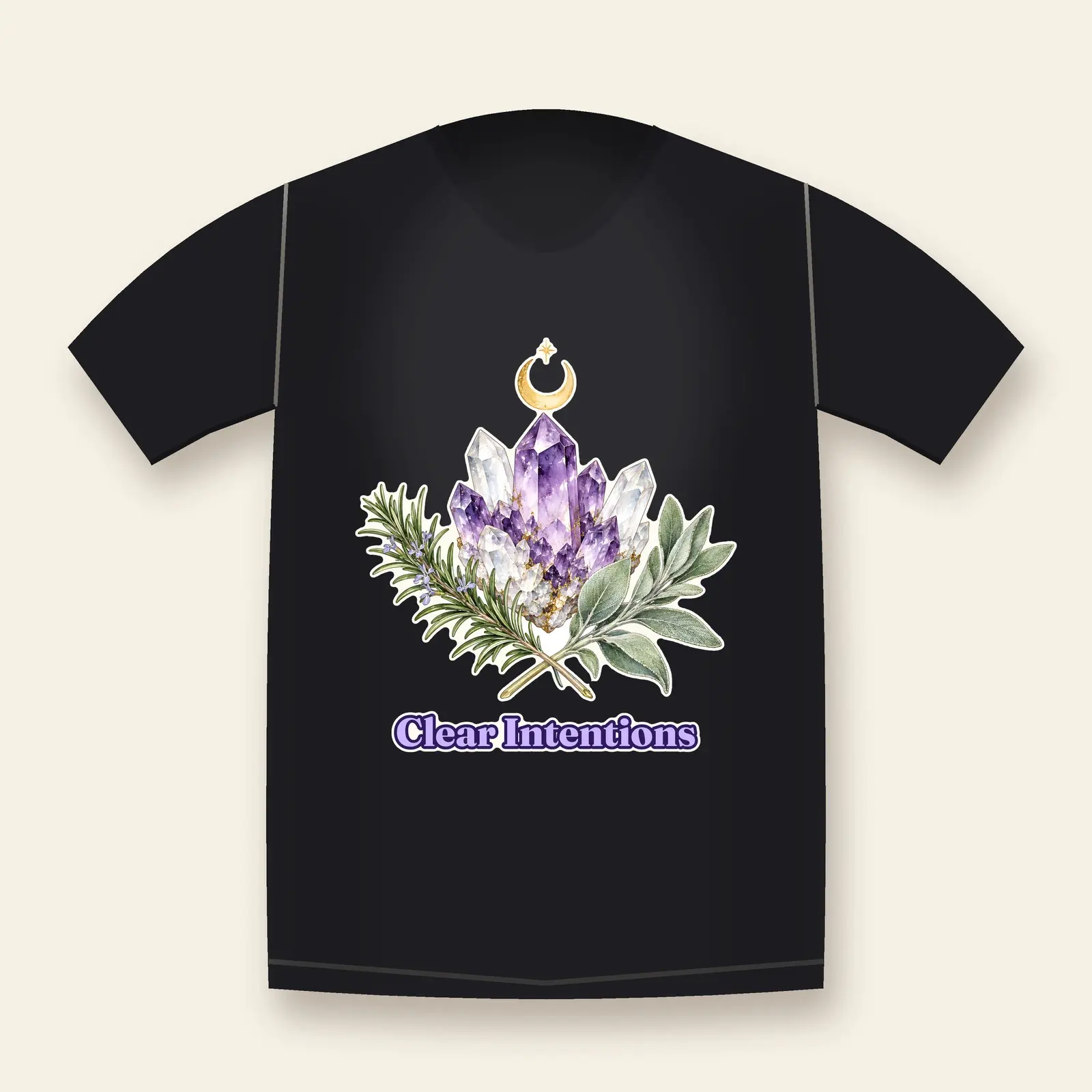 Crystal Cluster and Herbs Shirt Design – Clear Intentions Witchy Watercolor PNG preview