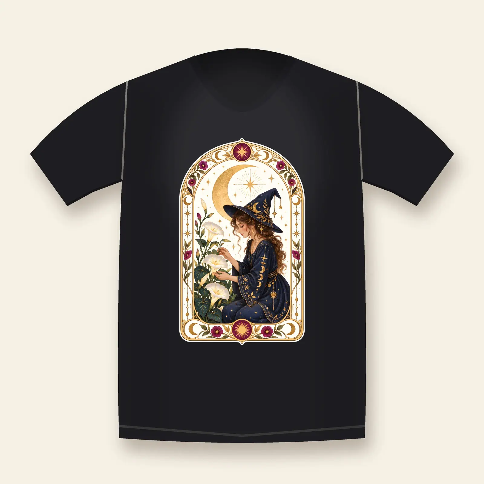 Gentle Witch Tarot-Style Card Illustration Shirt Design – Original Moon Gardener PNG preview