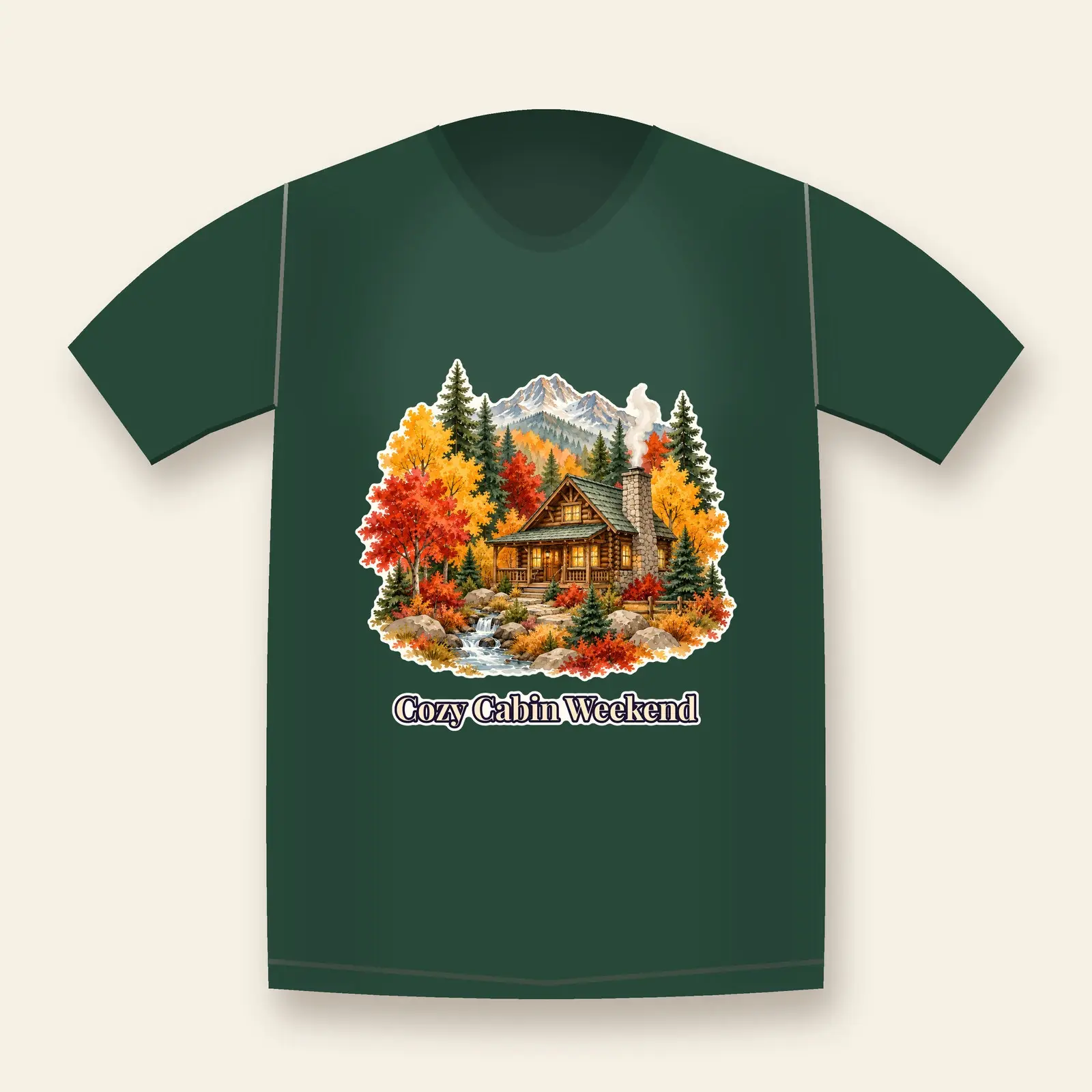 Cozy Cabin in the Autumn Forest Shirt Design – Mountain Fall Watercolor PNG, preview 1 of 4