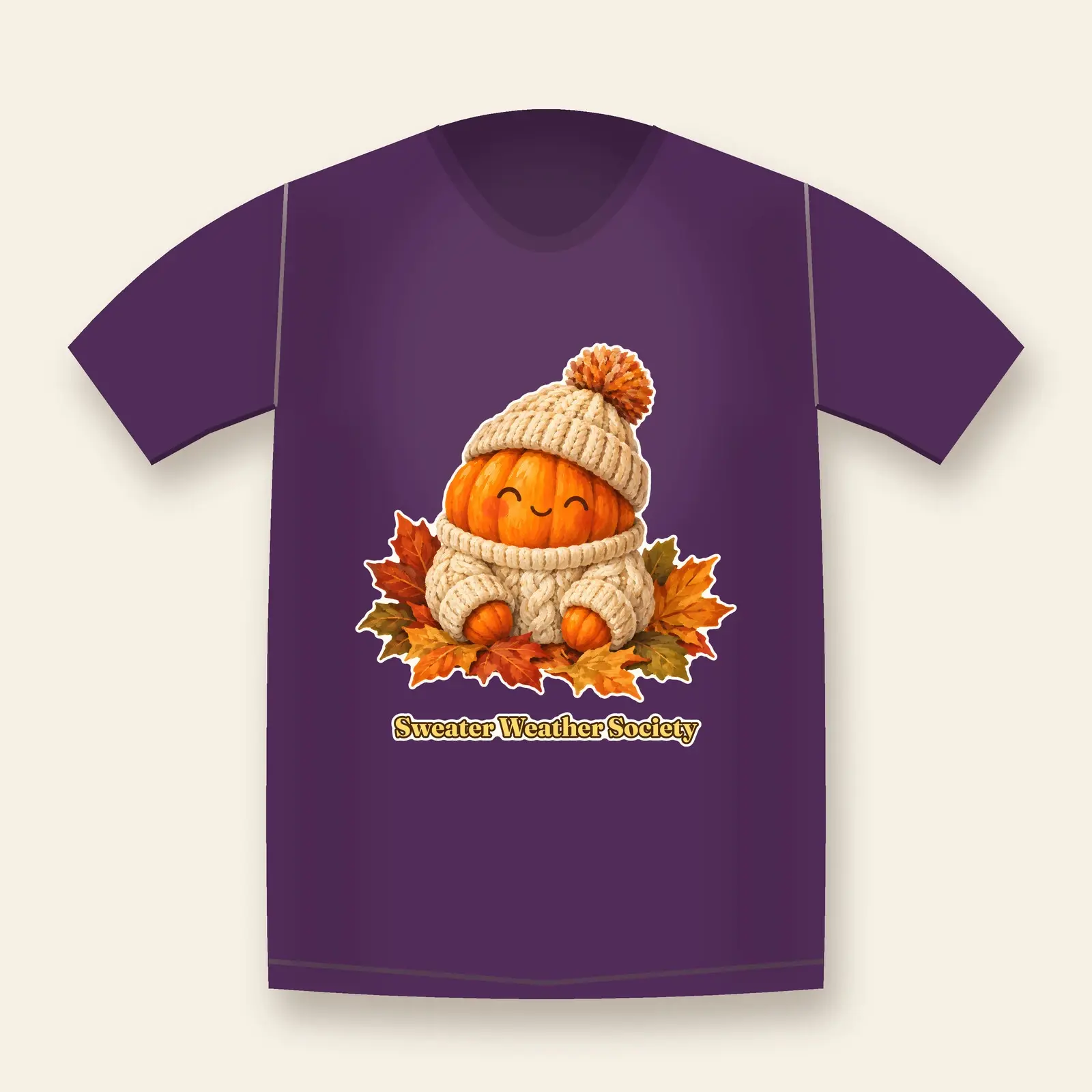 Sweater Pumpkin in Cable Knit and Bobble Hat Shirt Design – Cozy Fall PNG preview