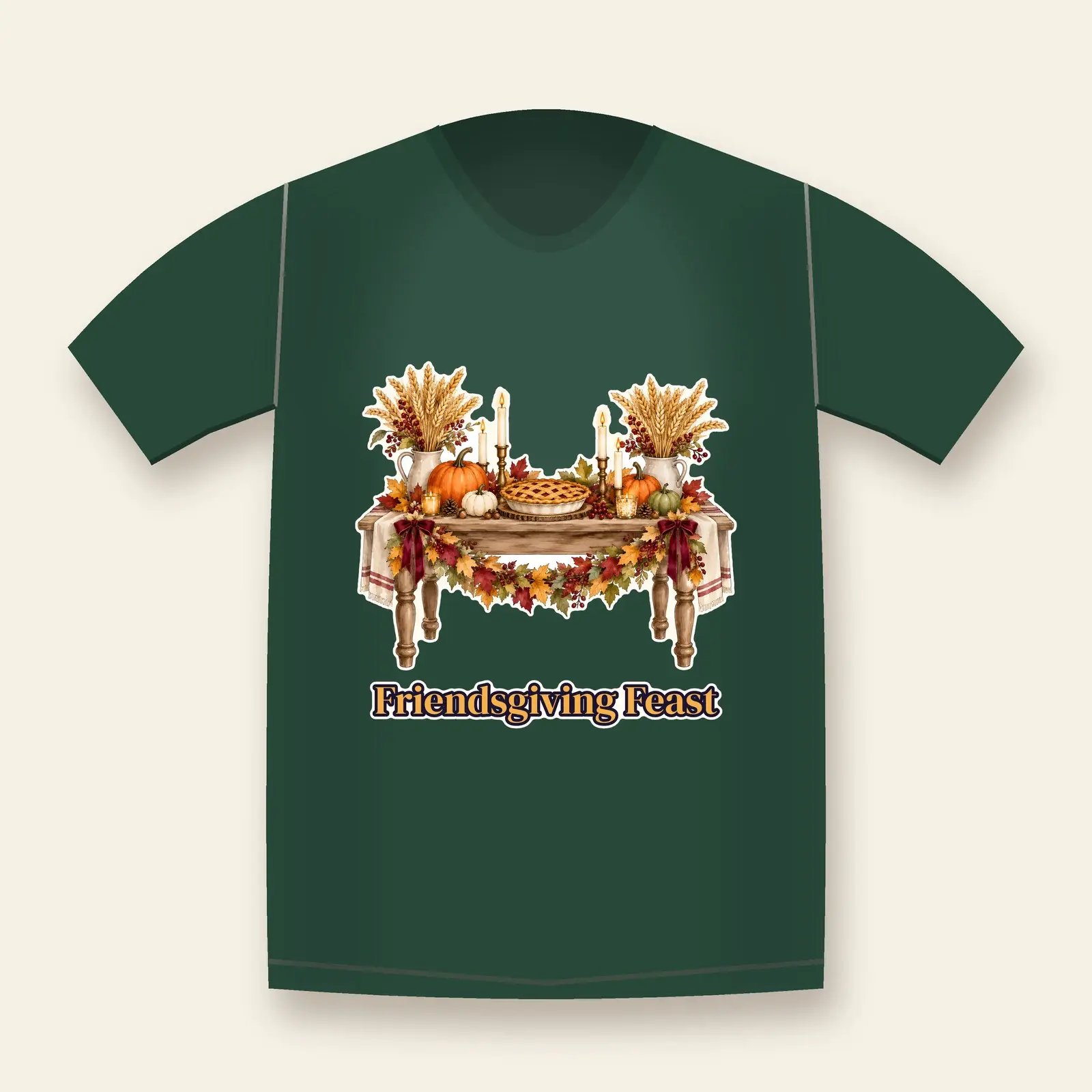 Friendsgiving Harvest Table Shirt Design – Candles Pumpkins and Pie Watercolor PNG preview