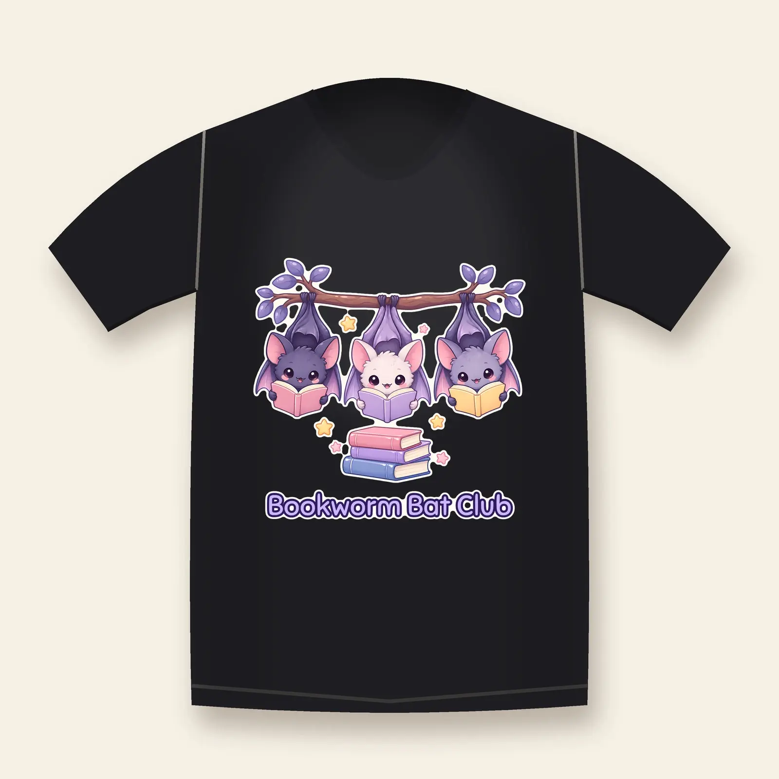 Bookworm Bat Club Shirt Design – Cute Bats Reading Books Library PNG, preview 1 of 4
