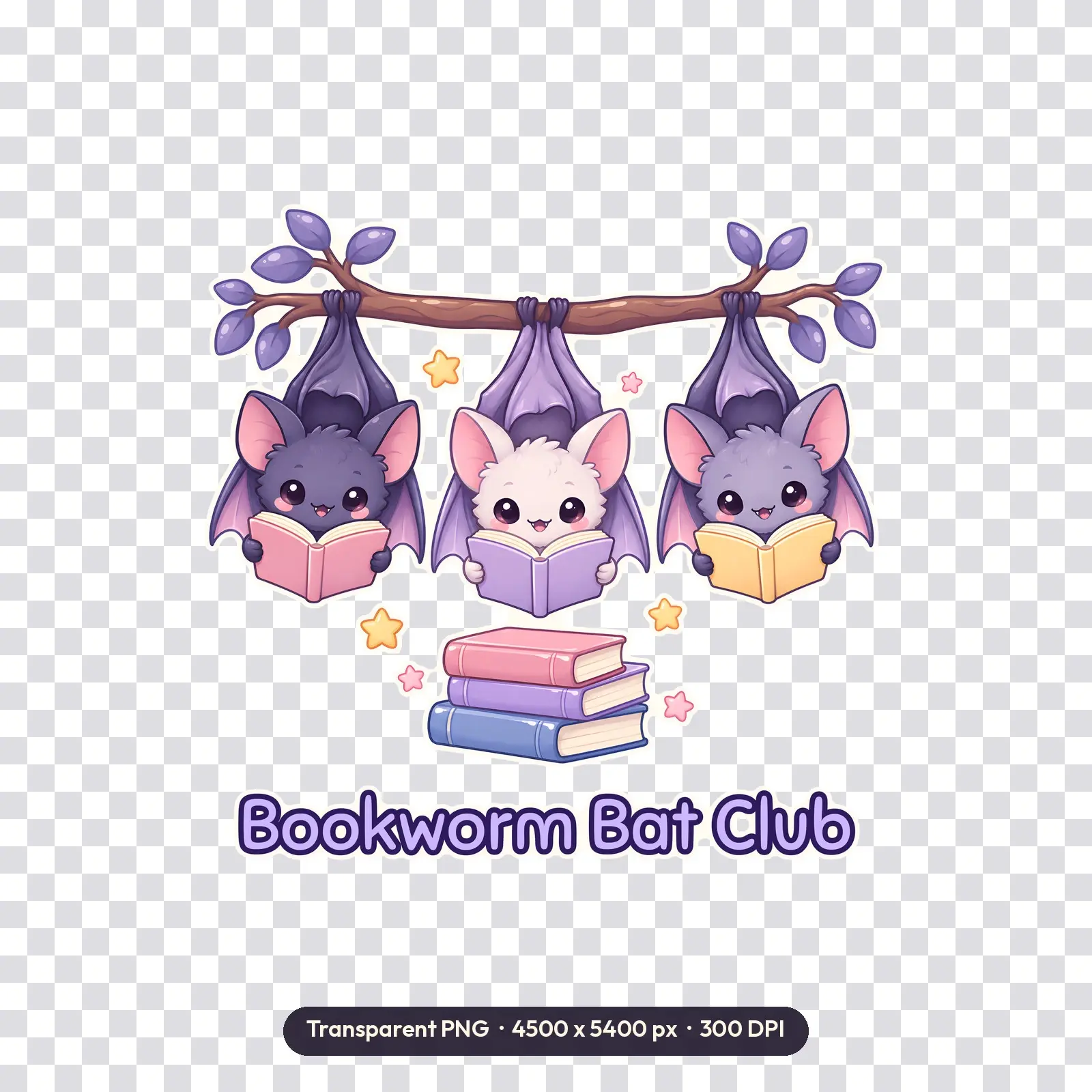 Bookworm Bat Club Shirt Design – Cute Bats Reading Books Library PNG, preview 2 of 4