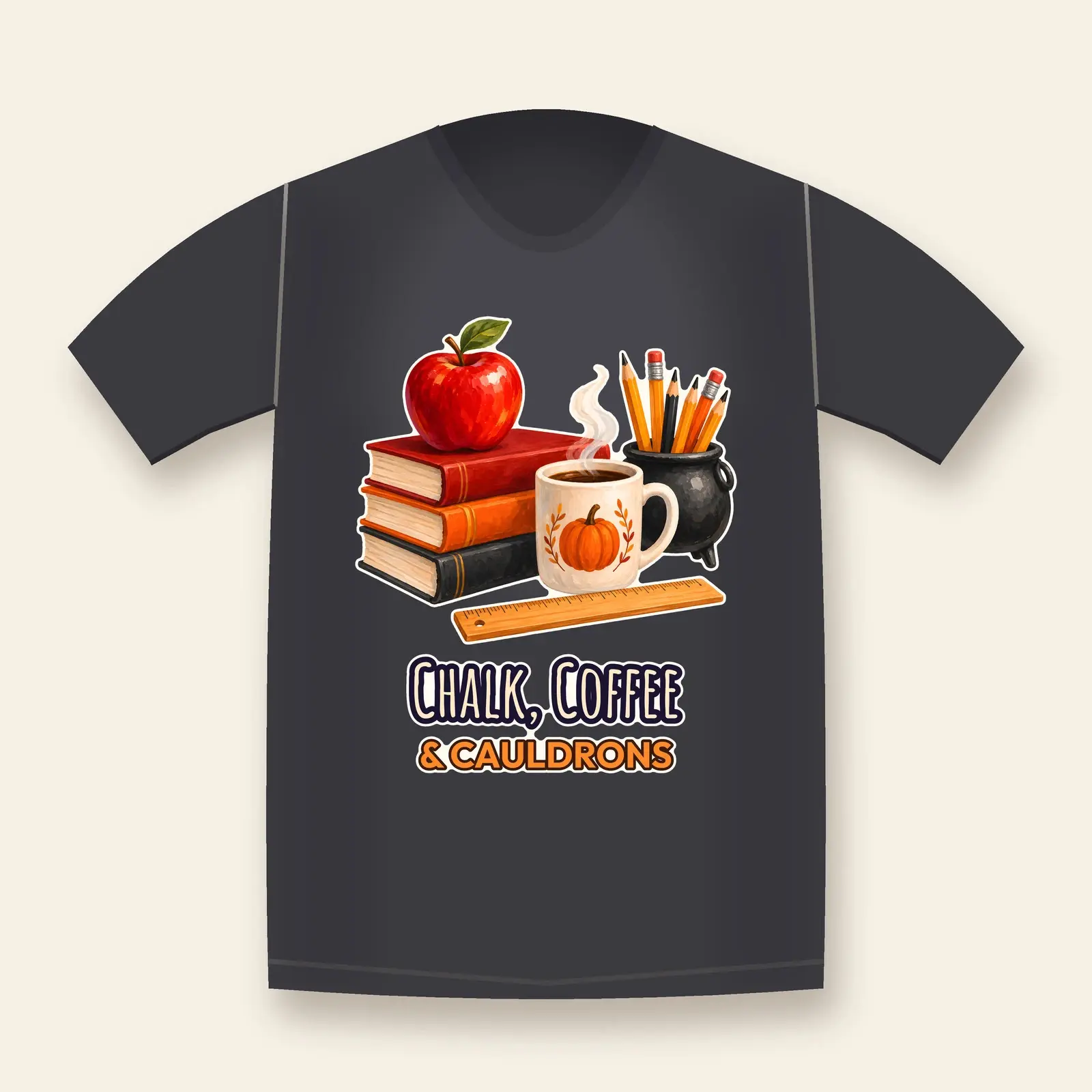 Chalk Coffee and Cauldrons Teacher Desk Shirt Design – Witchy Teacher PNG preview