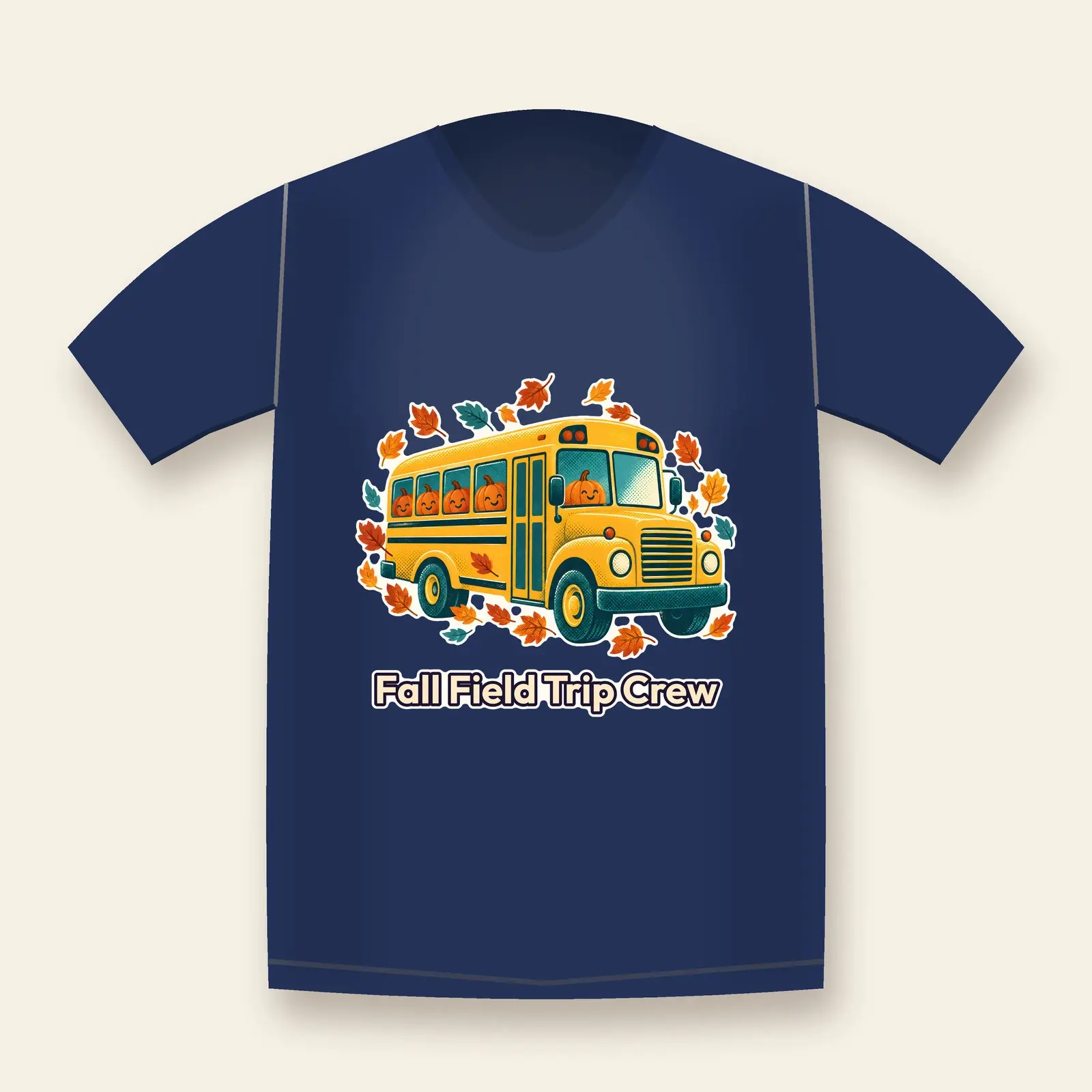 Fall Field Trip Crew School Bus Shirt Design – Autumn Leaves Retro PNG preview